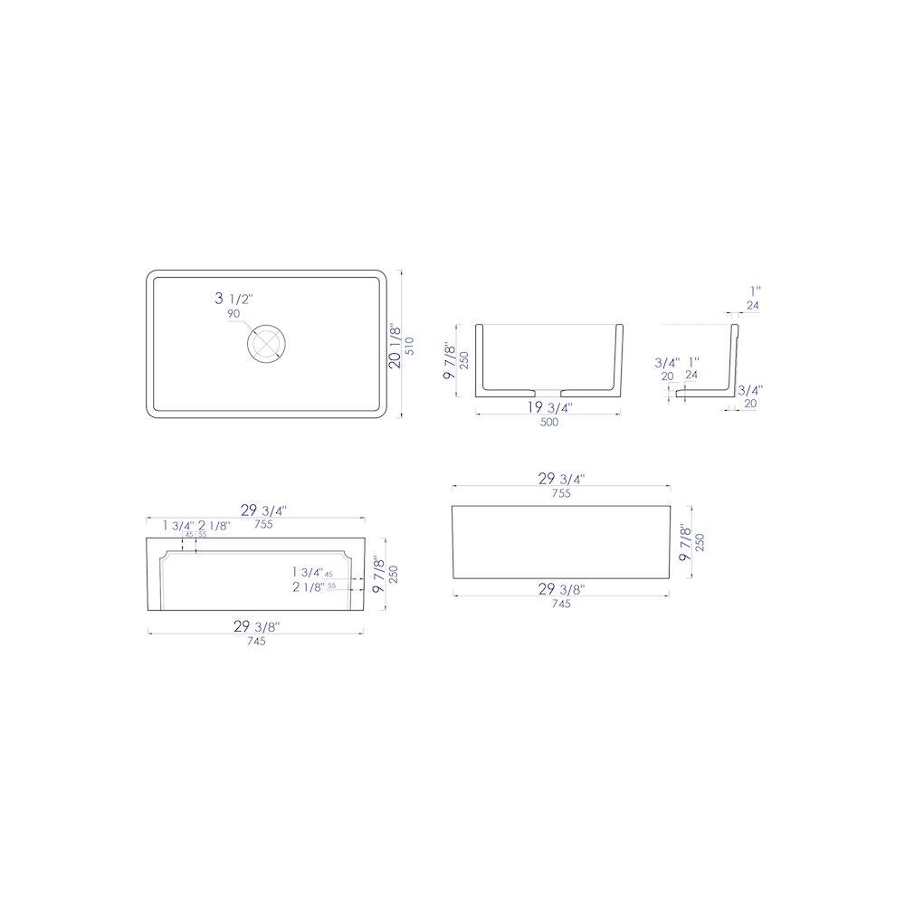 Sure, here is the corrected and grouped text from the image:

---

**Top Left Diagram:**
- 3 1/2"
- 90°
- 20 1/8"
- 9 7/8"

**Top Right Diagram:**
- 3/4" 1"
- 20 24
- 3/4"
- 20
- 24
- 20
- 29 3/4"
- I 3/4 2 1/8"
- 755

**Bottom Left Diagram:**
- 1 3/4" 2 1/8"
- 29 3/4"
- 755
- 1 3/4" 45
- 21 1/8" 55
- 9 250
- 29 3/8"
- 745

**Bottom Right Diagram:**
- 29 3/4"
- 755
- 29 3/8"
- 745

---

This should accurately reflect the measurements and dimensions provided in the image