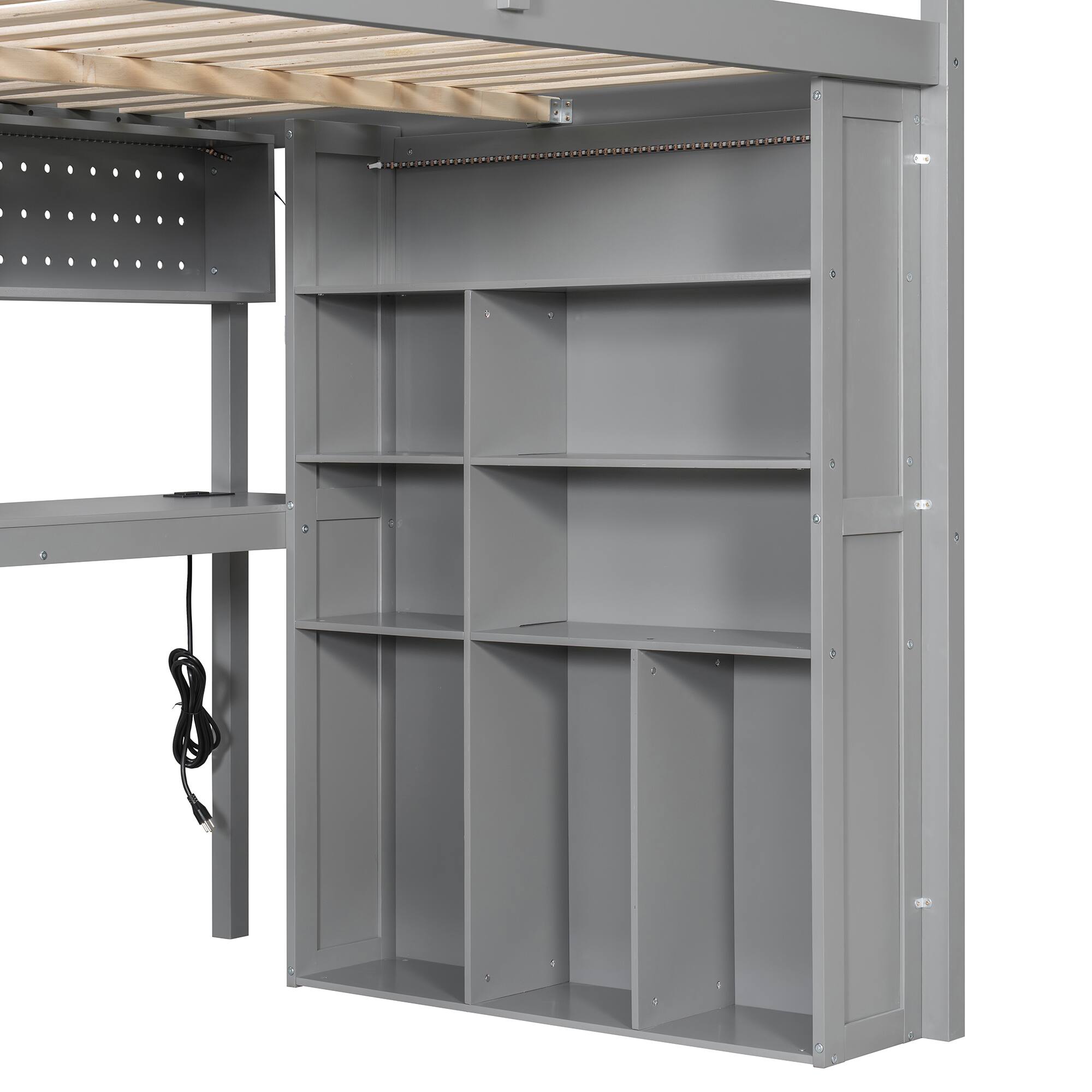 Alt View 8. Anysun - Full Loft Bed Frame with Built-In Wardrobe, Study Desk, Storage Shelves & Lights, Space-Saving Design for Bedroom - Gray.