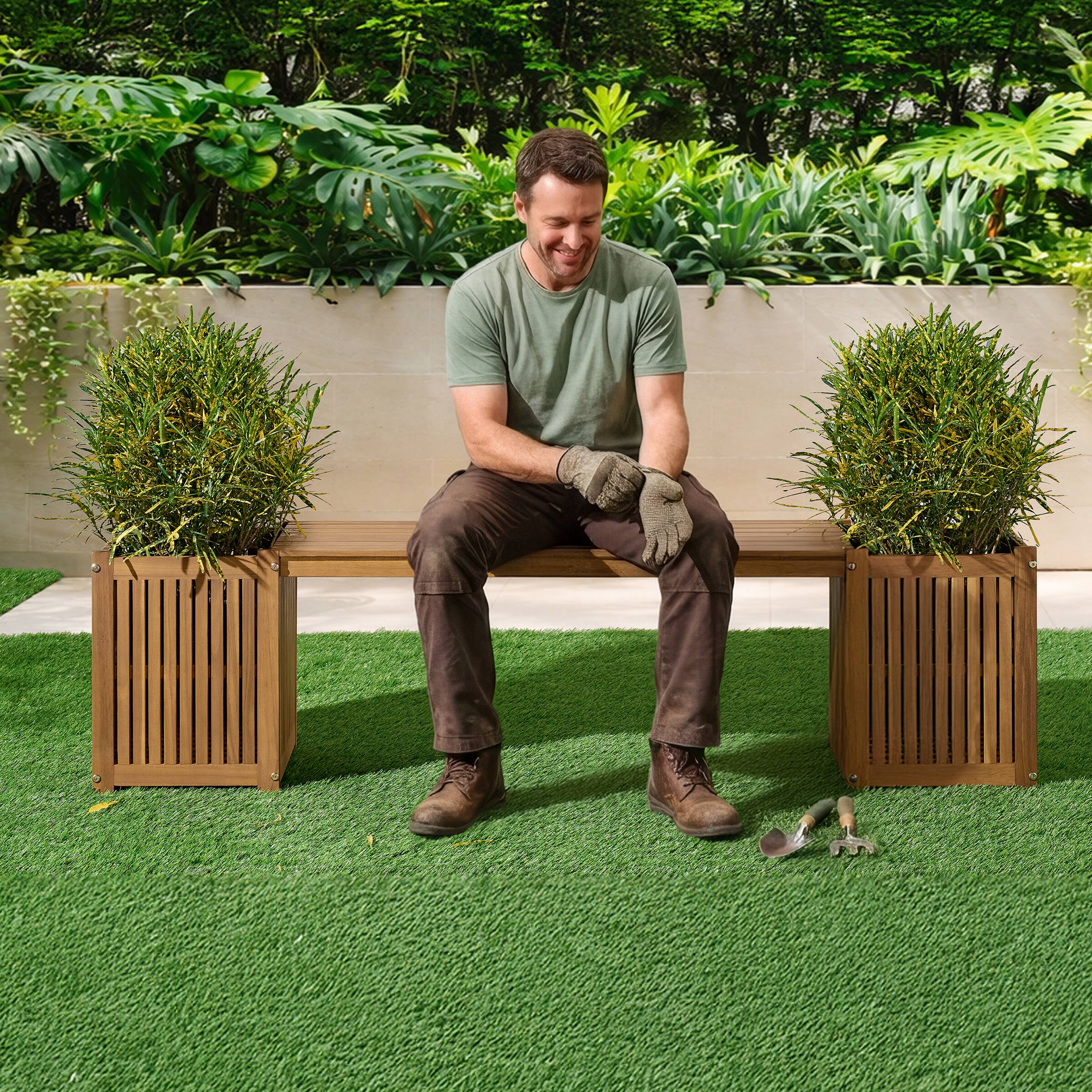 Alt View 5. Alaterre Furniture - Outdoor Bench with 2 Planter Boxes - 2-in-1 Acacia Wood Bench Outdoor Planters with Open-Ended Base - Brown.
