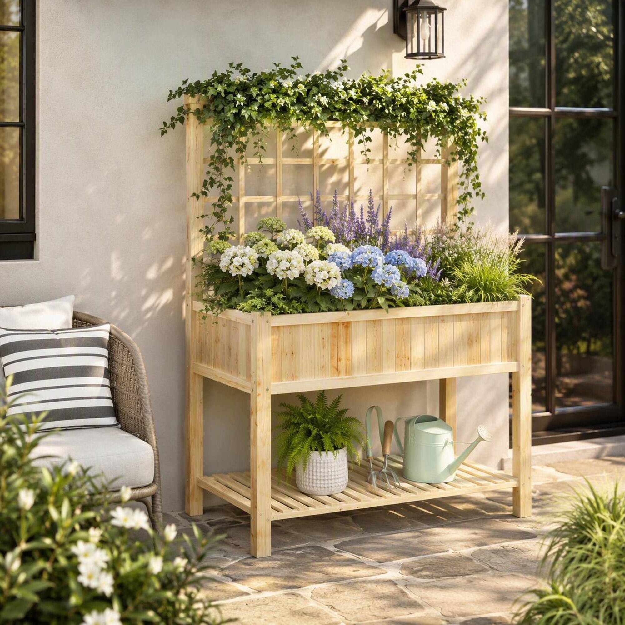 Left. RYHNUYNE - Wooden Raised Garden Bed with Stand, Elevated Planter Box with Storage Shelf for Patio, Balcony, Backyard - Natural.
