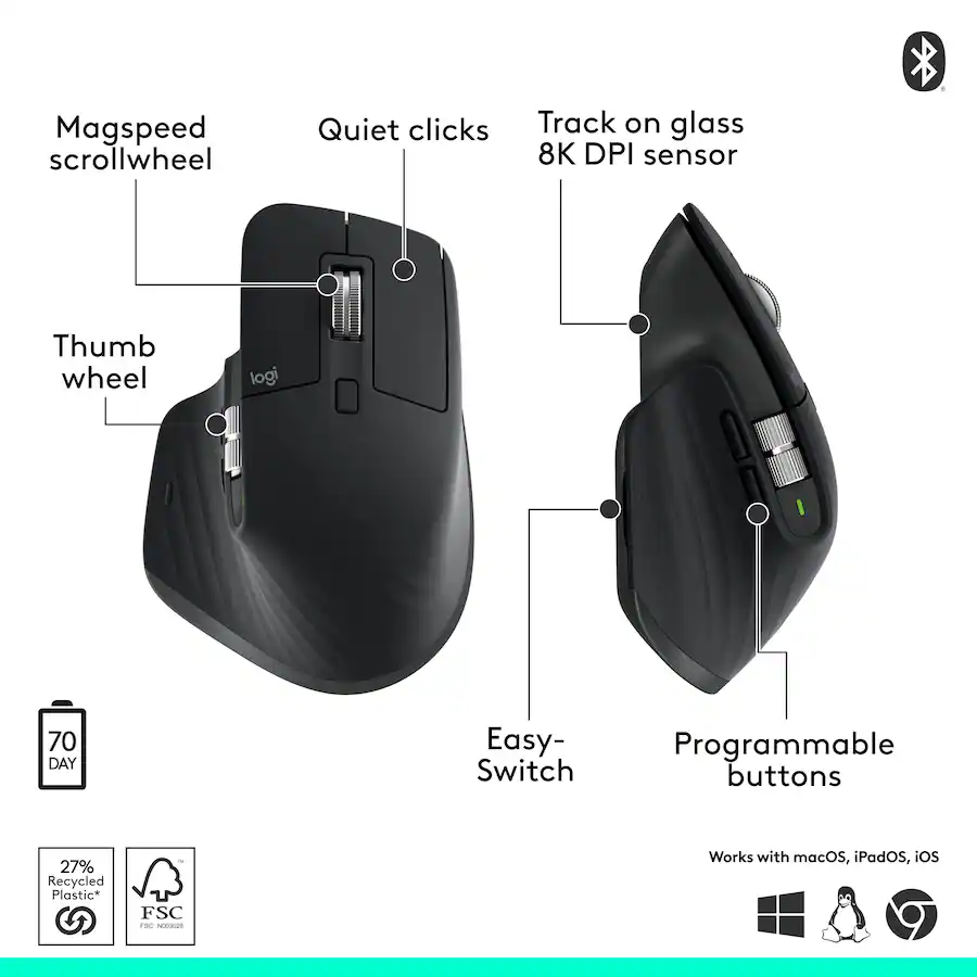 Logitech MX Master 3S Bluetooth Edition Performance Wireless Optical ...
