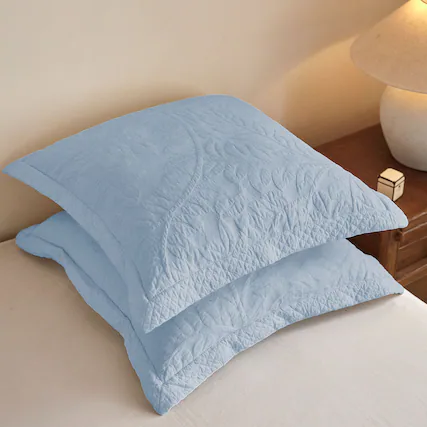 Front. MarCielo - 100% Cotton Embroidered Quilted Pillow Shams Set of 2, 26"x26" Euro Size - Light Blue.