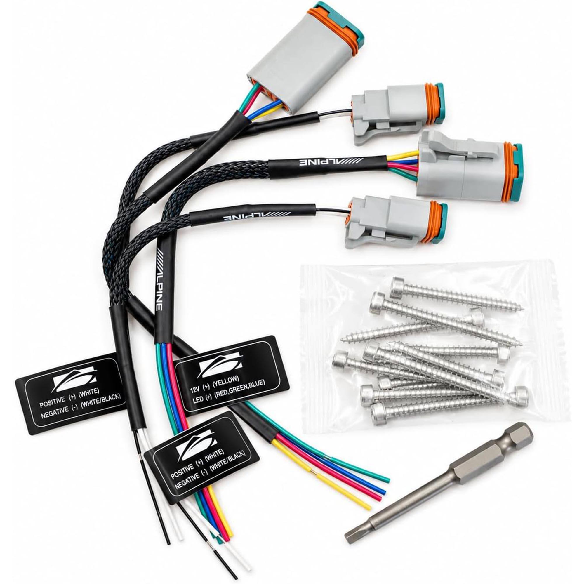 ALPINE

(+)
(White) Positive
(White/Black) Negative
(*)
(Yellow)
(12V LED)
(+)
(White)
(White/Black)
(+)
Positive
(-)
Negative