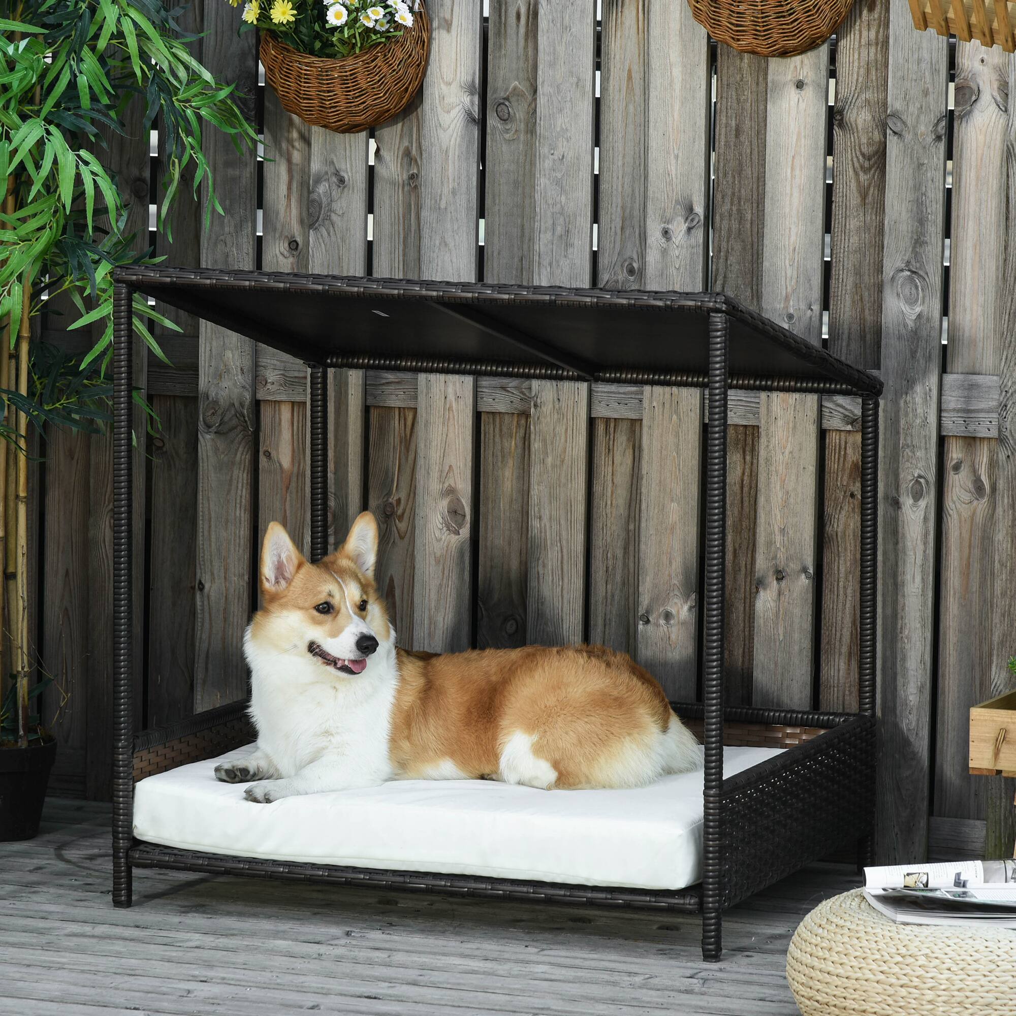 Angle. Pawhut - Wicker Dog House, Raised Rattan Puppy Bed, Cat Shelter Indoor/Outdoor, Removable Cushion, Medium Pet - Brown and White.