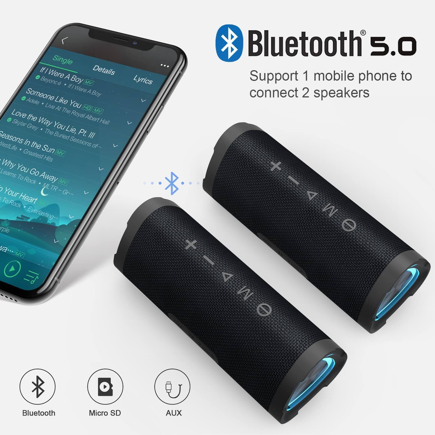 Bluetooth 5.0  
Support 1 mobile phone to connect 2 speakers

Single  
Details  
Lyrics

If I Were a Boy - Beyoncé  
Someone Like You - Adele  
Love the Way You Lie, Pt. III - Skylar Grey  
Seasons in the Sun - Vestlife  
Why You Go Away - Leans To Rock  
To Your Heart - MTR  
To Rock - Everlasting

Bluetooth  
Micro SD  
AUX