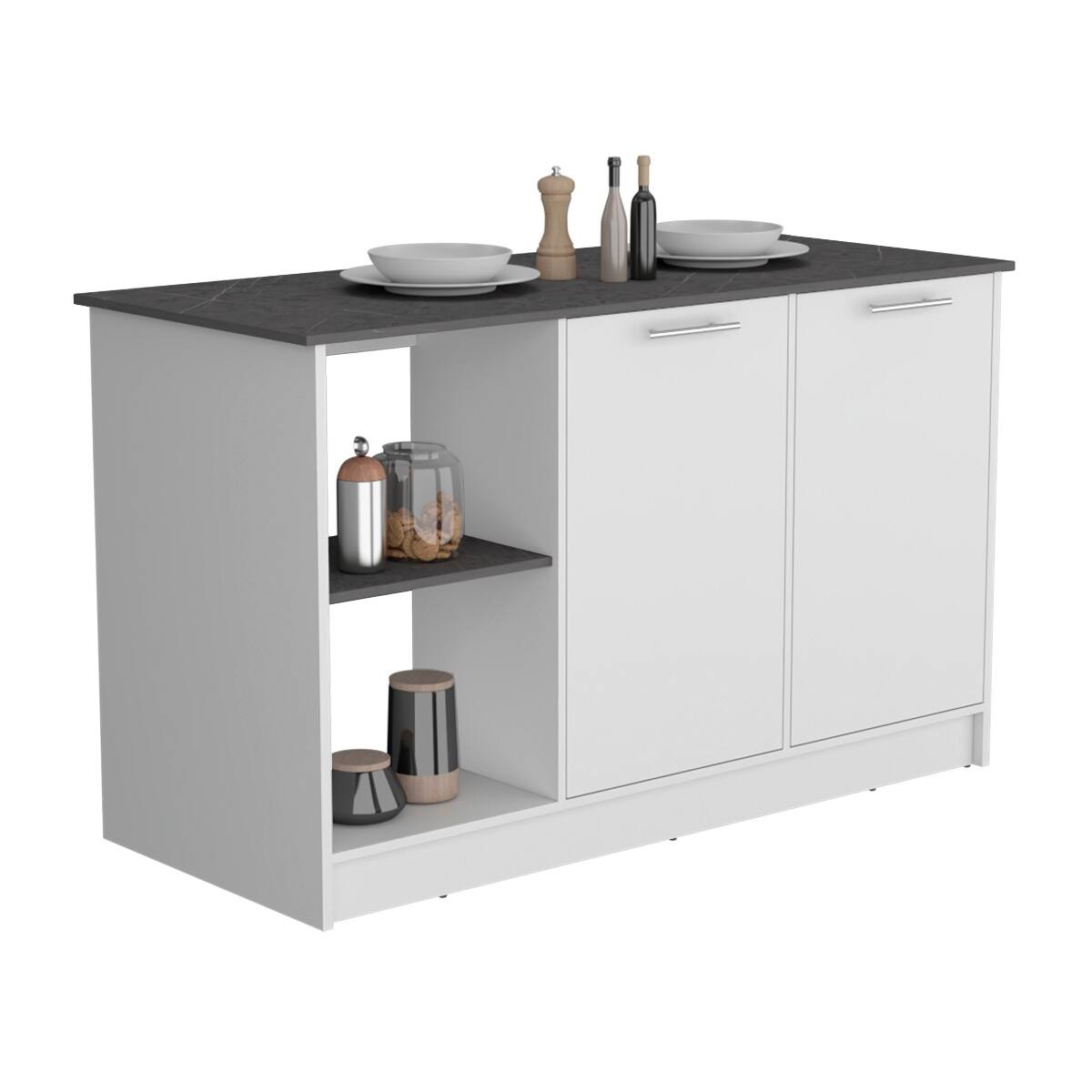 Alt View 2. Loheer - Loheer White Kitchen Island with Large Countertop Double Door Cabinet - White.