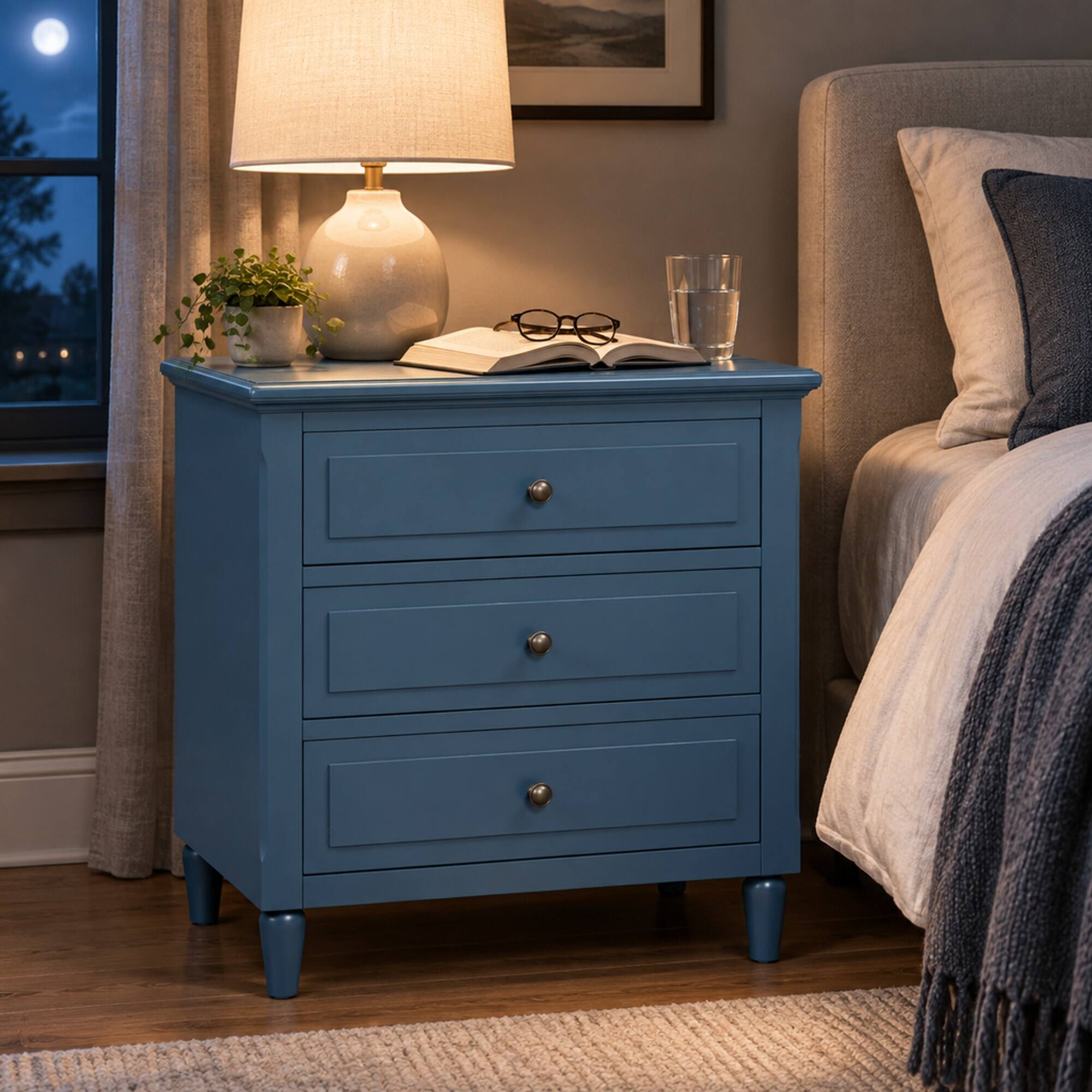 Back. RYHNUYNE - 28 in Pine Wood Nightstand, 3 Drawer Bedside Cabinet, Metal Handles, Rubber Wood Legs, Compact Sofa Side Table - Blue.