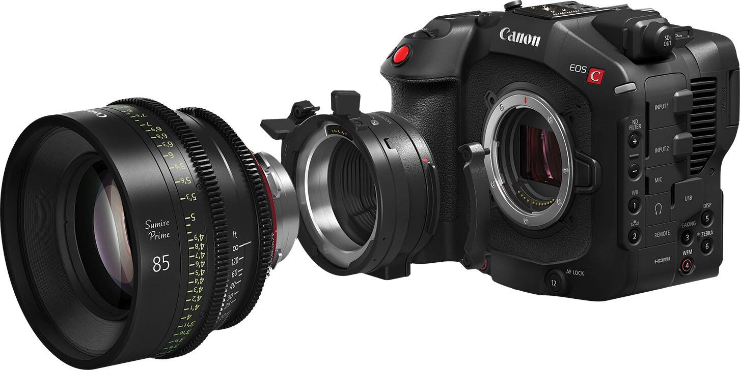 Canon EOS C300 Mark II camera with a Sumire Prime lens attached. The lens has a focal length of 4'9 to 4'5. The camera has a 120-60 fps frame rate and supports 40-30-12 AF lock and filter + WB. It also has an input for a remote control and a USB port for connecting to a computer. The camera is equipped with a display and HDMI output for viewing and recording footage.