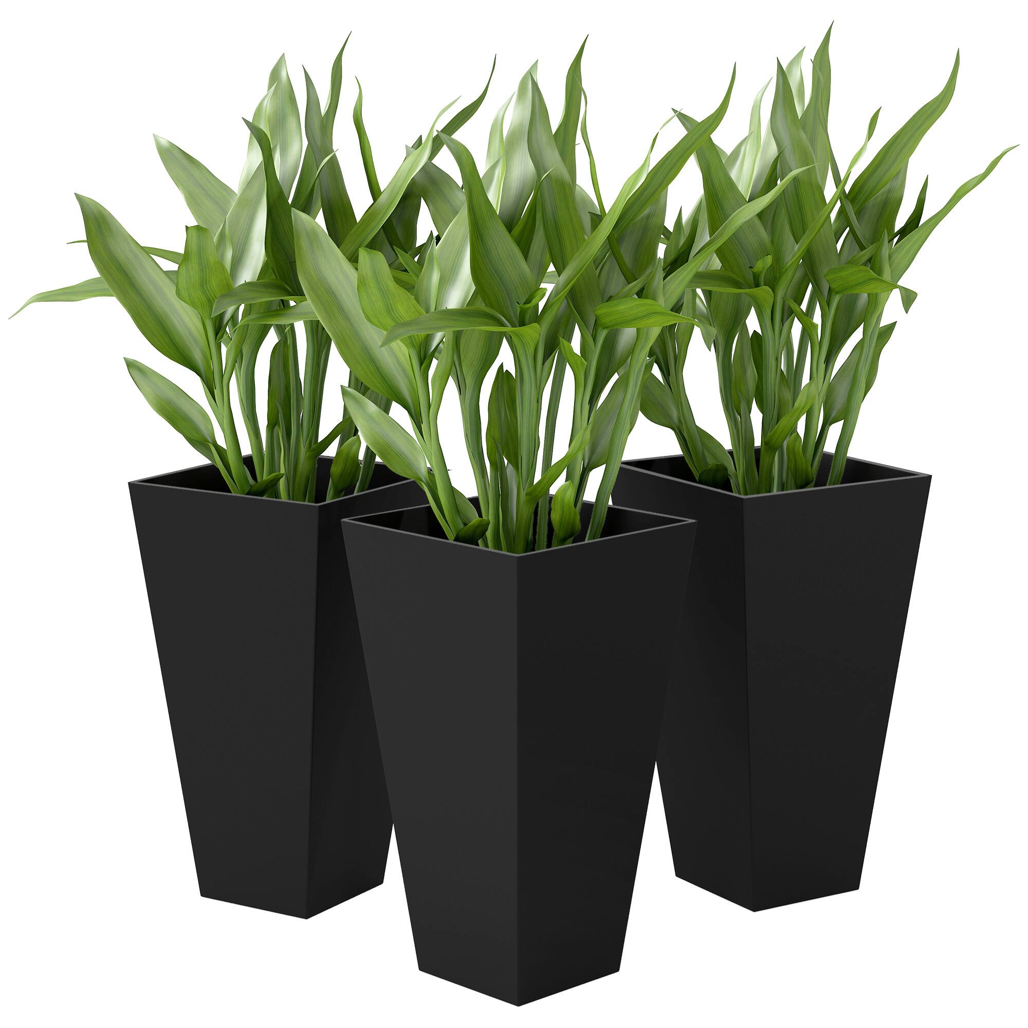 Front. Outsunny - Tall Planters for Outdoor Plants Set of 3, 28 In Taper Planters with Drainage Holes, Indoor Grande Plant Pots - Black.