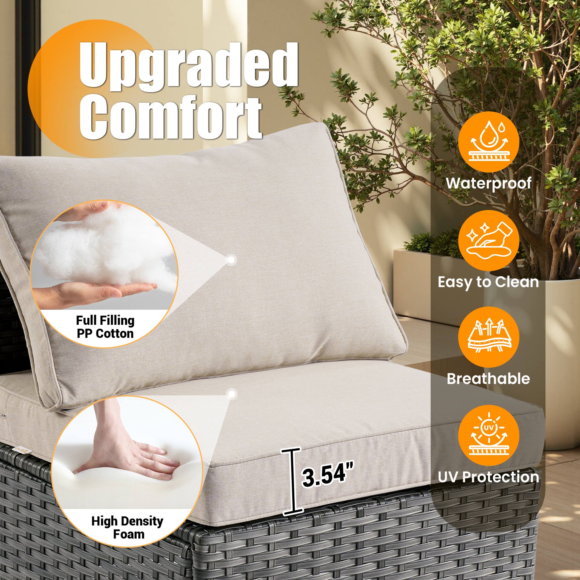 Upgraded Comfort

- Waterproof
- Easy to Clean
- Breathable
- UV Protection
- Full Filling PP Cotton
- High Density Foam
- 3.54"