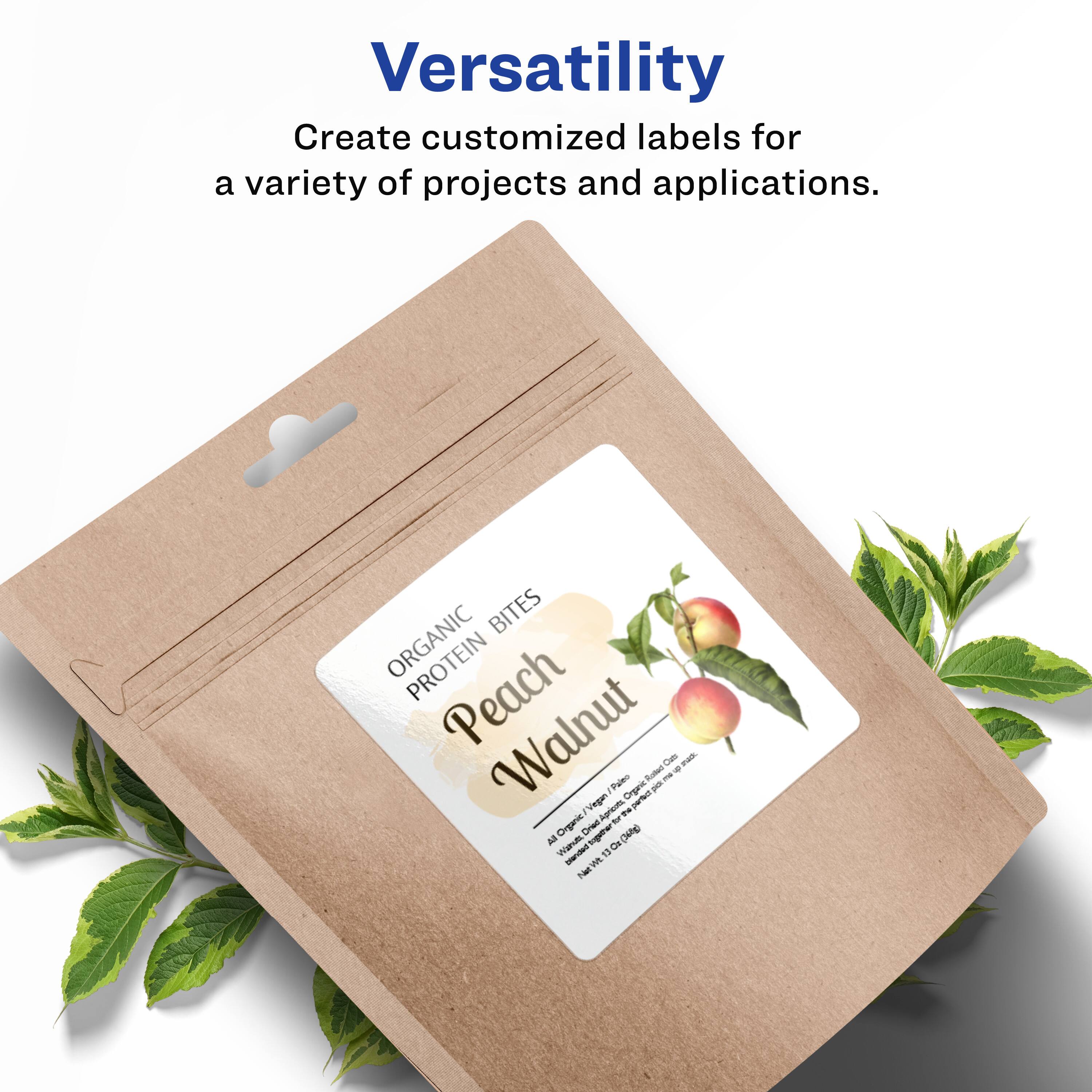 Versatility  
Create customized labels for a variety of projects and applications.  

BITES ORGANIC Peach Walnut  
- Rude a Poten  
- Organic  
- Vegan  

Apricots  
- Organic  
- 3 Drea  
- inpre  
- Dntg  
- All Wahdl  
- dE sanded  
- 11 - T
