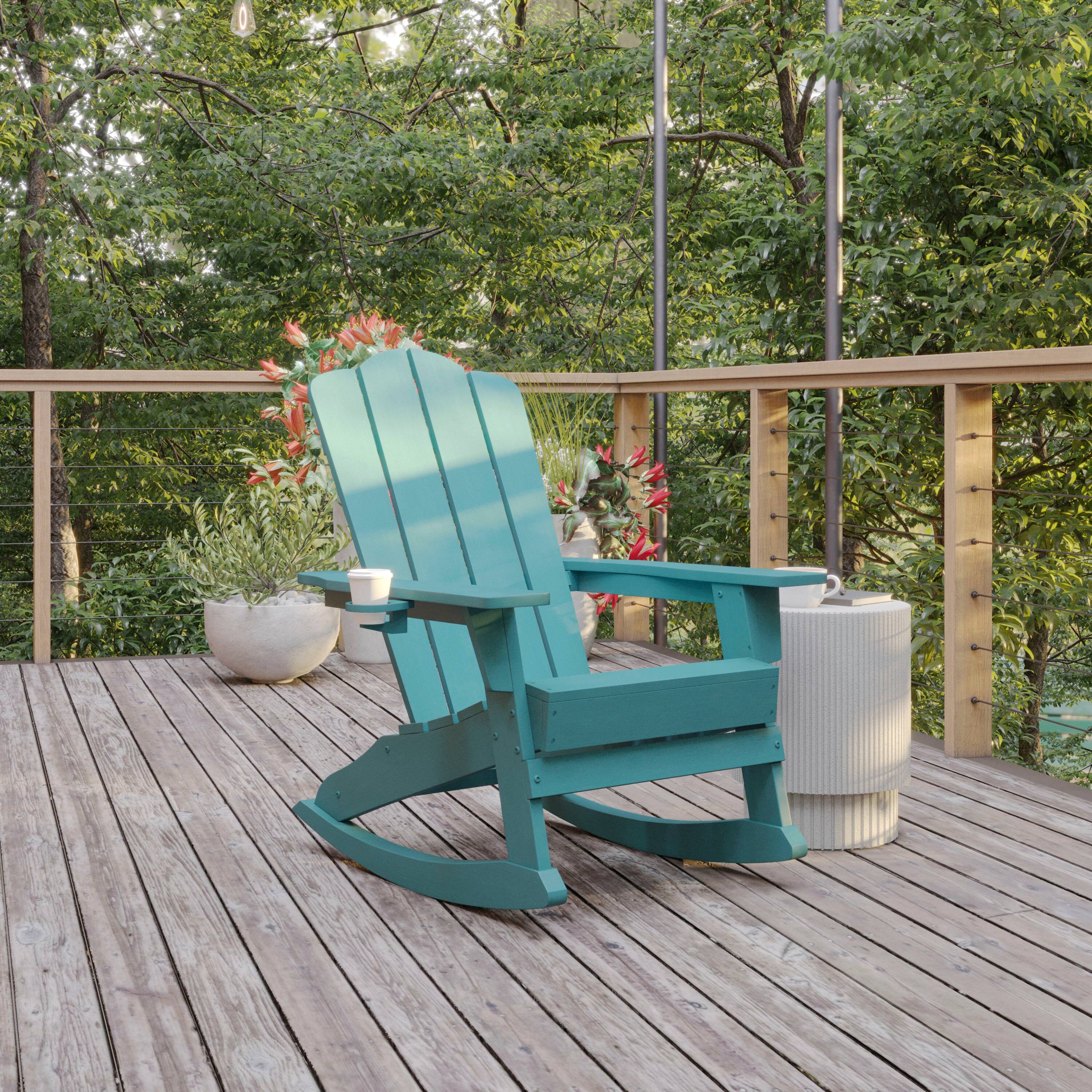 Alt View 1. Flash Furniture - Newport Adirondack Rocking Chair with Cup Holder, Weather Resistant HDPE Adirondack Rocking Chair in Blue - Blue.