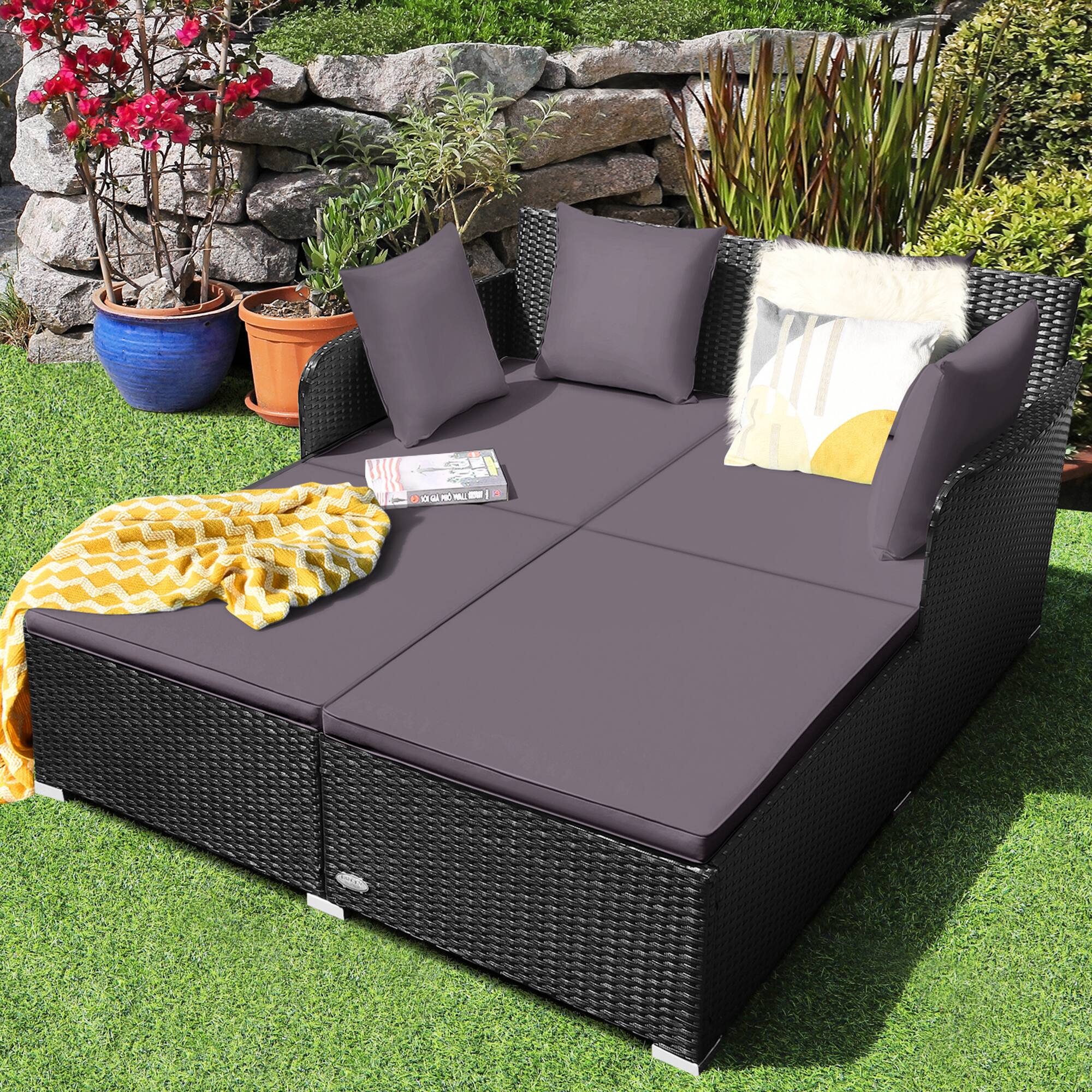 Alt View 2. Gymax - Gymax Rattan Patio Daybed Loveseat Sofa Yard Outdoor w/ Grey Cushions Pillows - Grey.