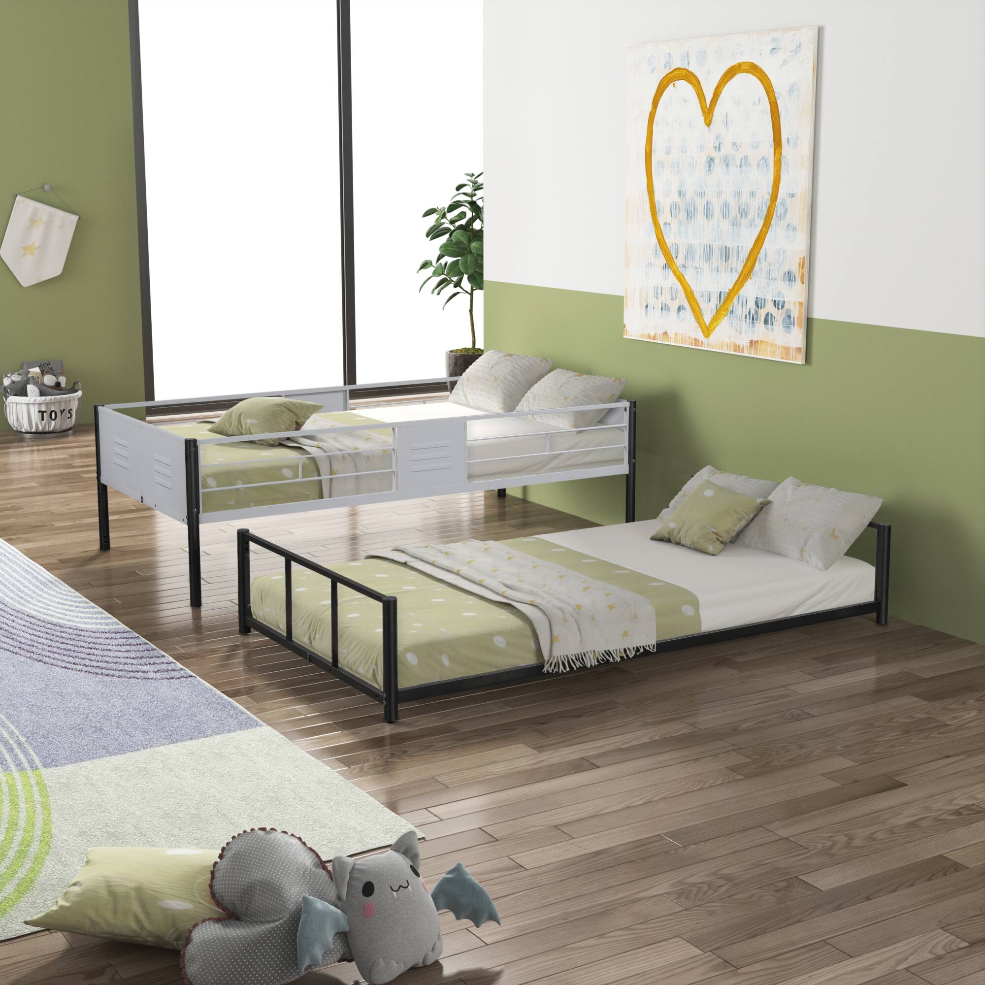 Left. GOODSILO - Heavy-Duty Twin Over Twin Metal Bunk Bed with Vent Board Guardrail and Noise-Free Wood Slats - Black.