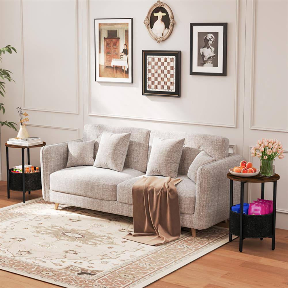 Left. Kadyn - Sofa Side End Table, End Table, Couch Table,Round End Table 2-Tier Side Table with Removable Fabric Basket - Brown.