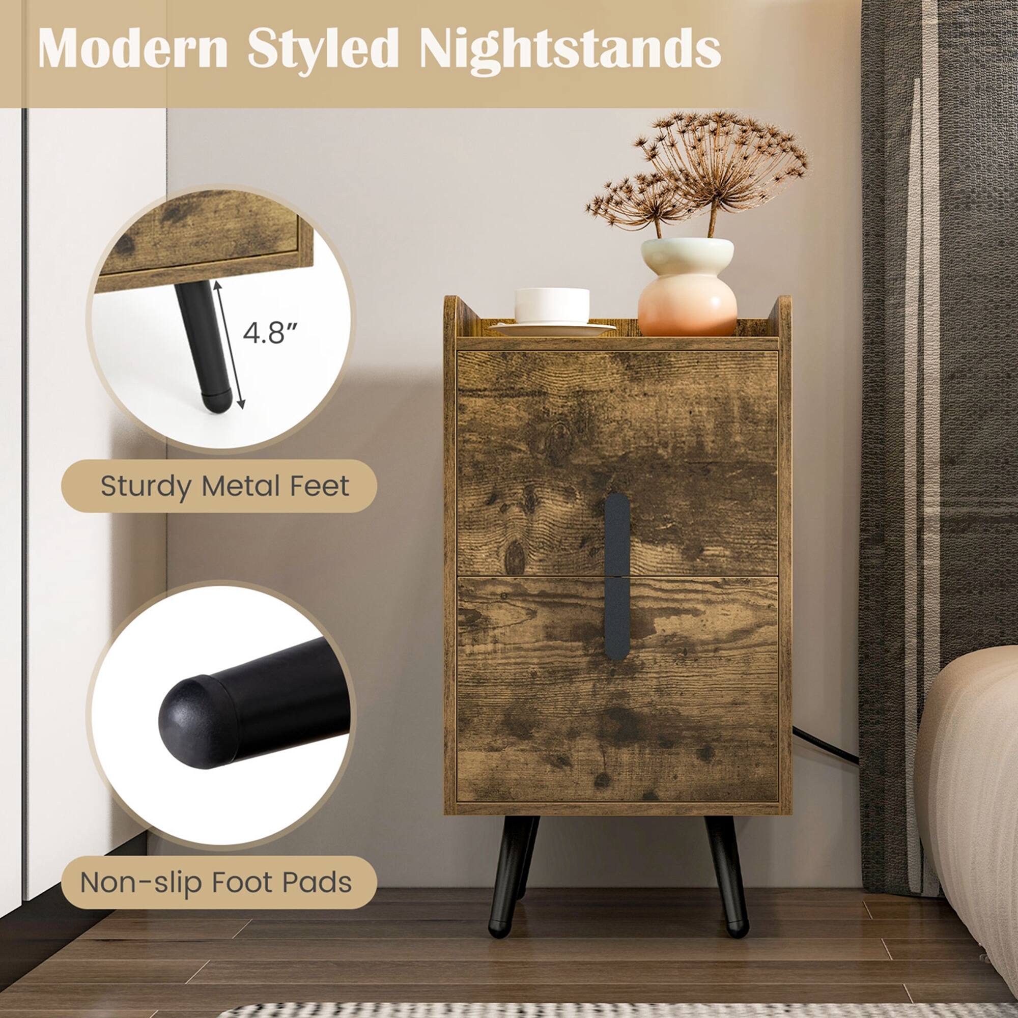 Modern Styled Nightstands: 4.8" Sturdy Metal Feet, Non-slip Foot Pads