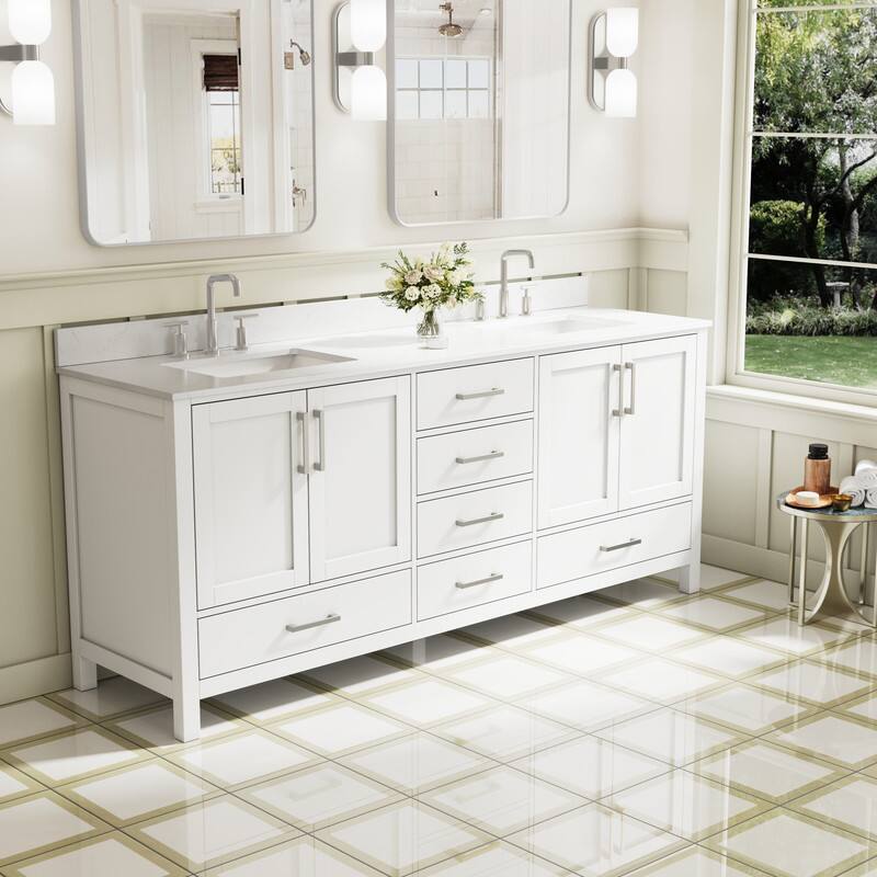 Left. WELLFOR - 80 in Bathroom Vanity with Double Sink,Solid Wood Bathroom Cabinet with 4 Doors& 6 Drawers,Brushed Nickel Handle - White.