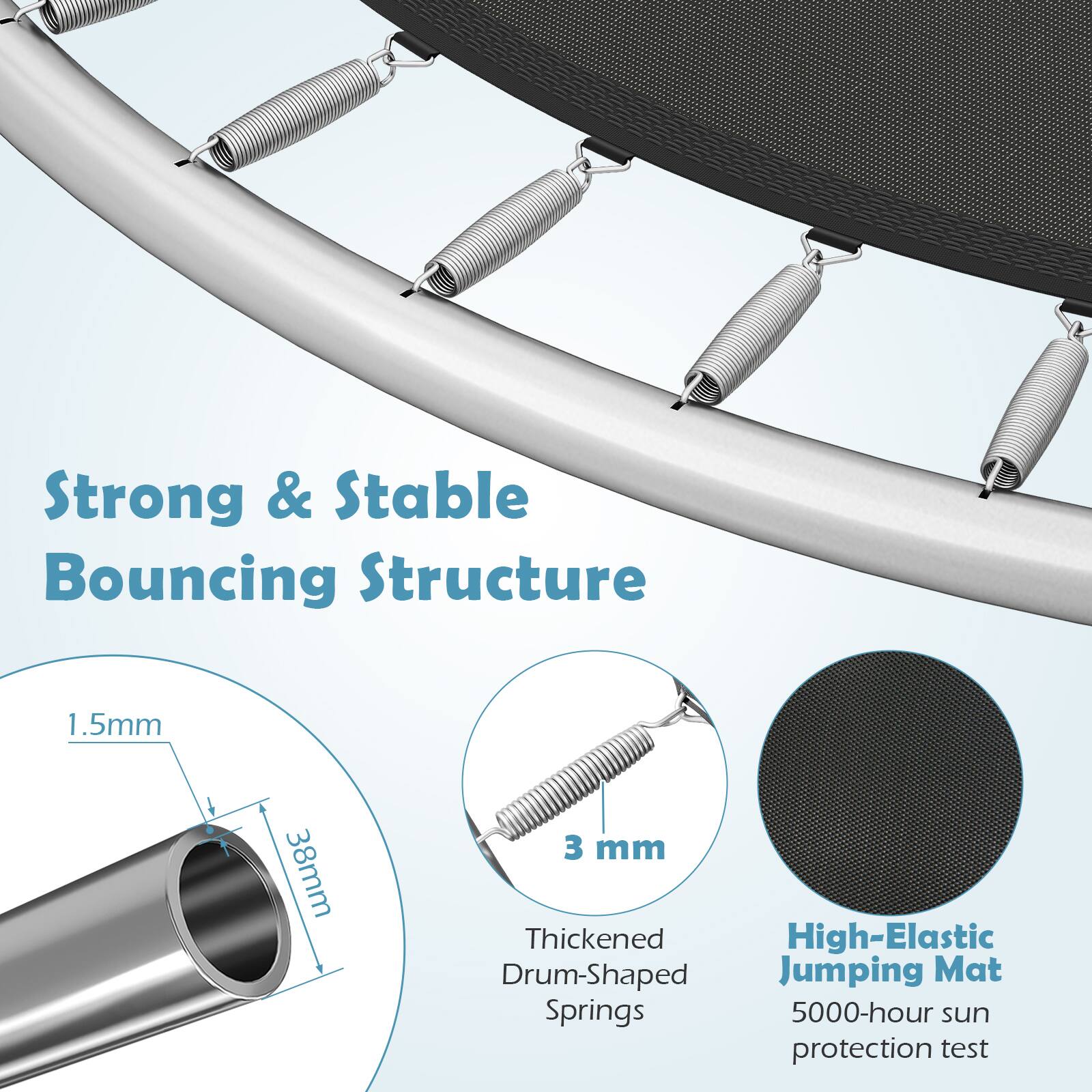 Strong & Stable Bouncing Structure  
1.5mm 38mm 3 mm Thickened High-Elastic Drum-Shaped Jumping Mat Springs  
5000-hour sun protection test