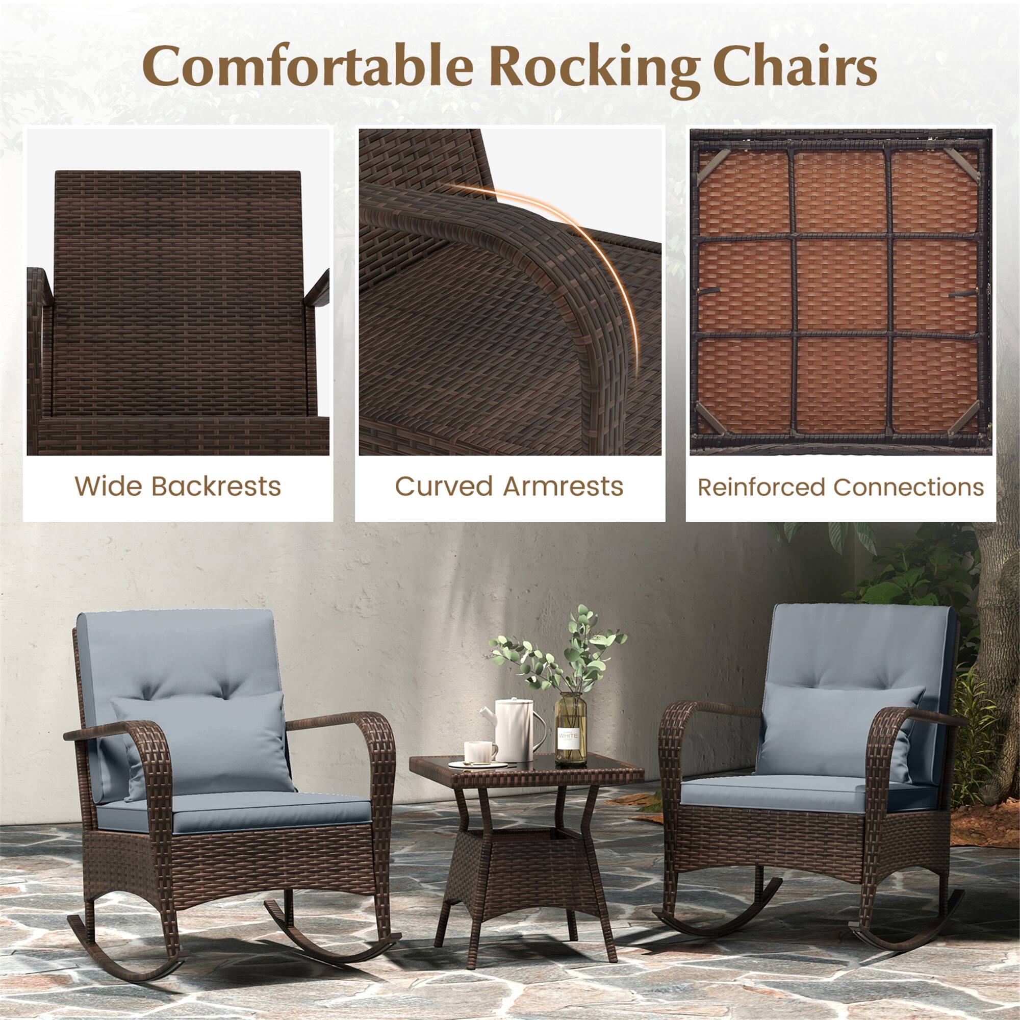 Comfortable Rocking Chairs

- Wide Backrests
- Curved Armrests
- Reinforced Connections