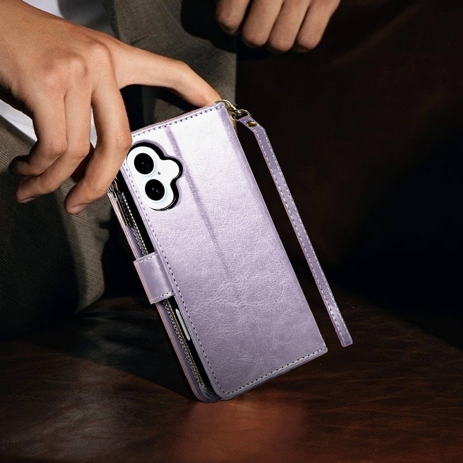 Alt View 6. Equipd - Phone Case for iPhone 16 6.1", Luxury Wallet Card ID Zipper Money Holder Cover (Lavender) - Lavender.