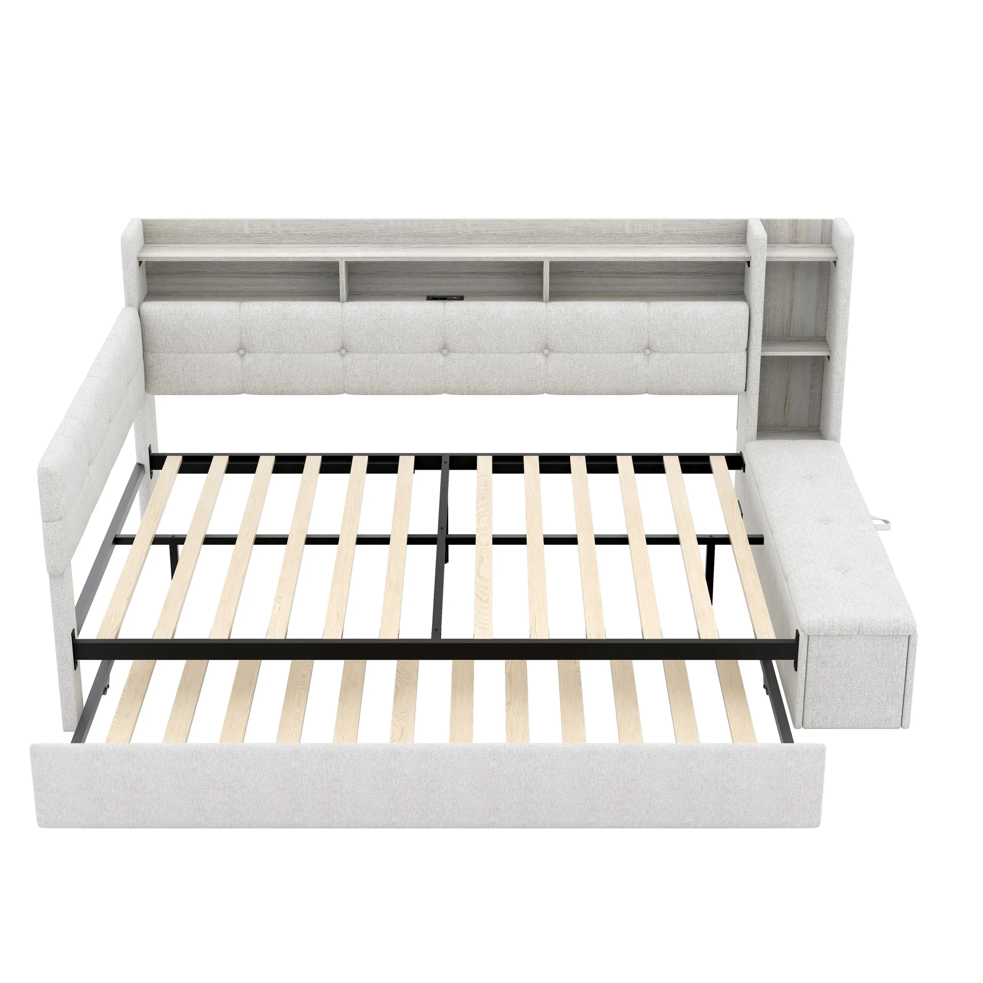 Angle. Whisen - Full Size Upholstered Daybed with Trundle, Storage Shelves, LED Light & USB Charging Station - Beige.