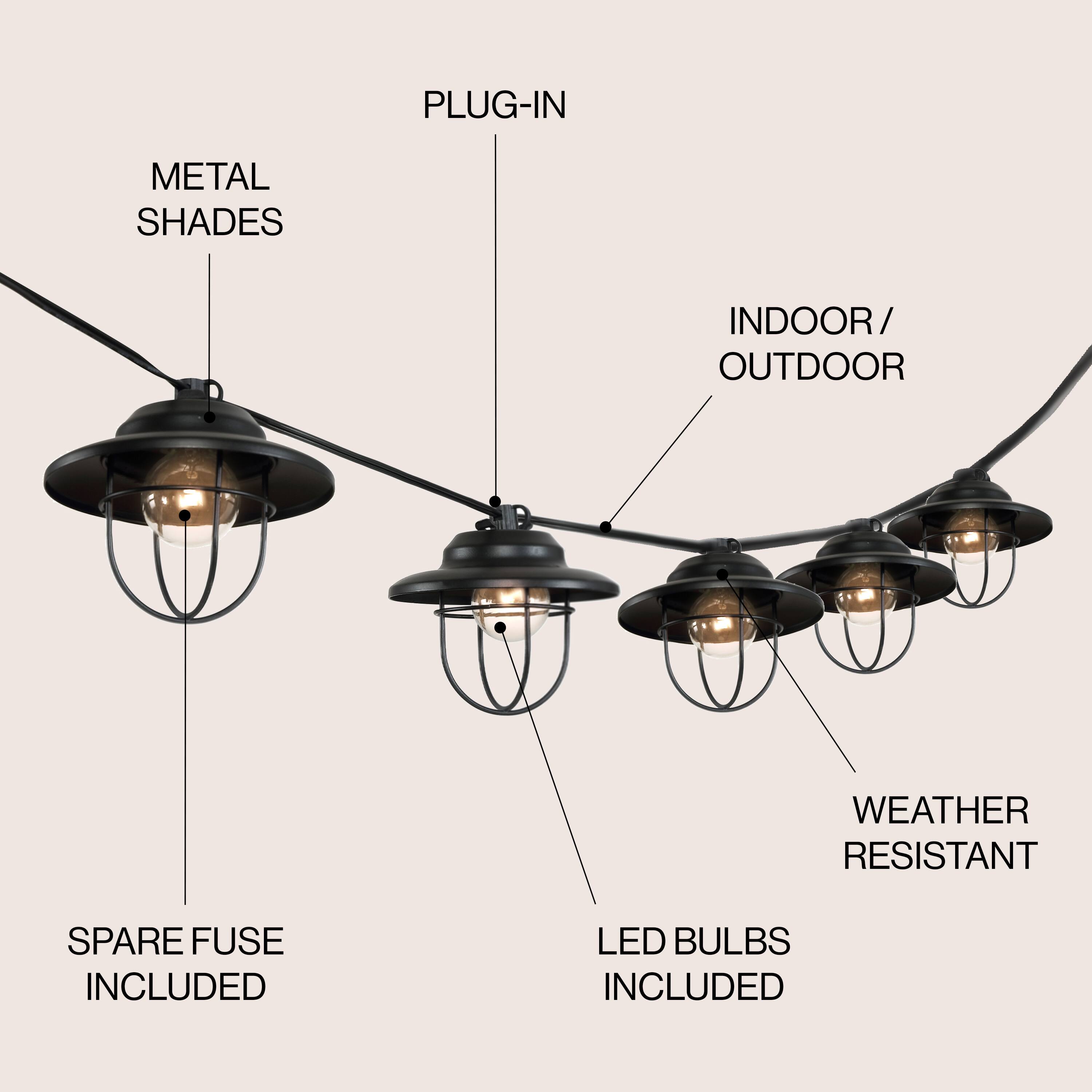 PLUG-IN METAL SHADES INDOOR/OUTDOOR WEATHER RESISTANT SPARE FUSE INCLUDED LED BULBS INCLUDED