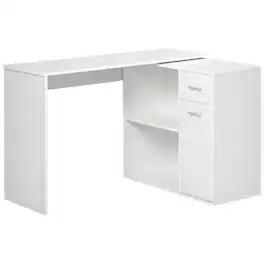 Homcom - L Shaped Computer Desk, 180° Rotating Corner Desk with Storage Shelves, Drawer and Cabinet - White