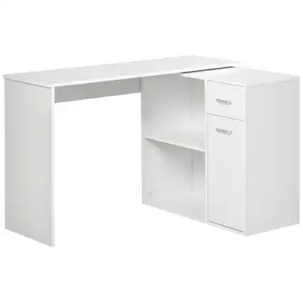 Front. Homcom - L Shaped Computer Desk, 180° Rotating Corner Desk with Storage Shelves, Drawer and Cabinet - White.