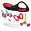 The image features a red and black skateboard with a black seat on it. The skateboard is accompanied by a set of instructions and a tool, which is likely used for assembling or adjusting the skateboard. The skateboard is placed on a white background, making it the main focus of the image.