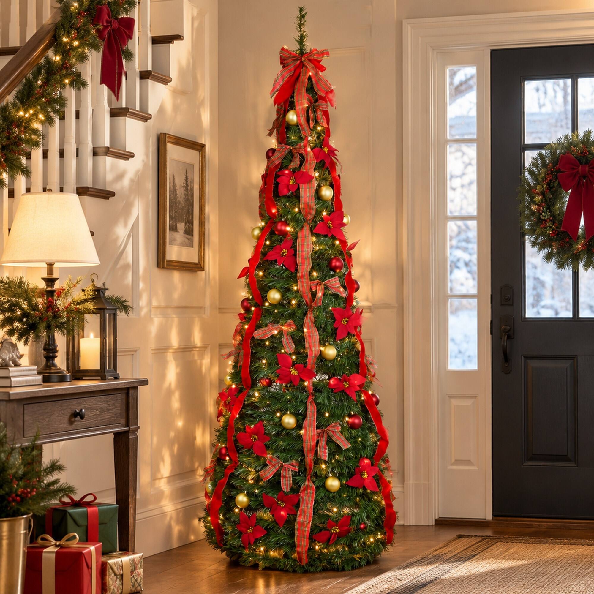 Alt View 1. RYHNUYNE - 7FT Pre-Lit Pop Up Christmas Tree With 200 Pre-Strung Lights and Gold Red Balls, Satin Bows and Quick Setup - Green.