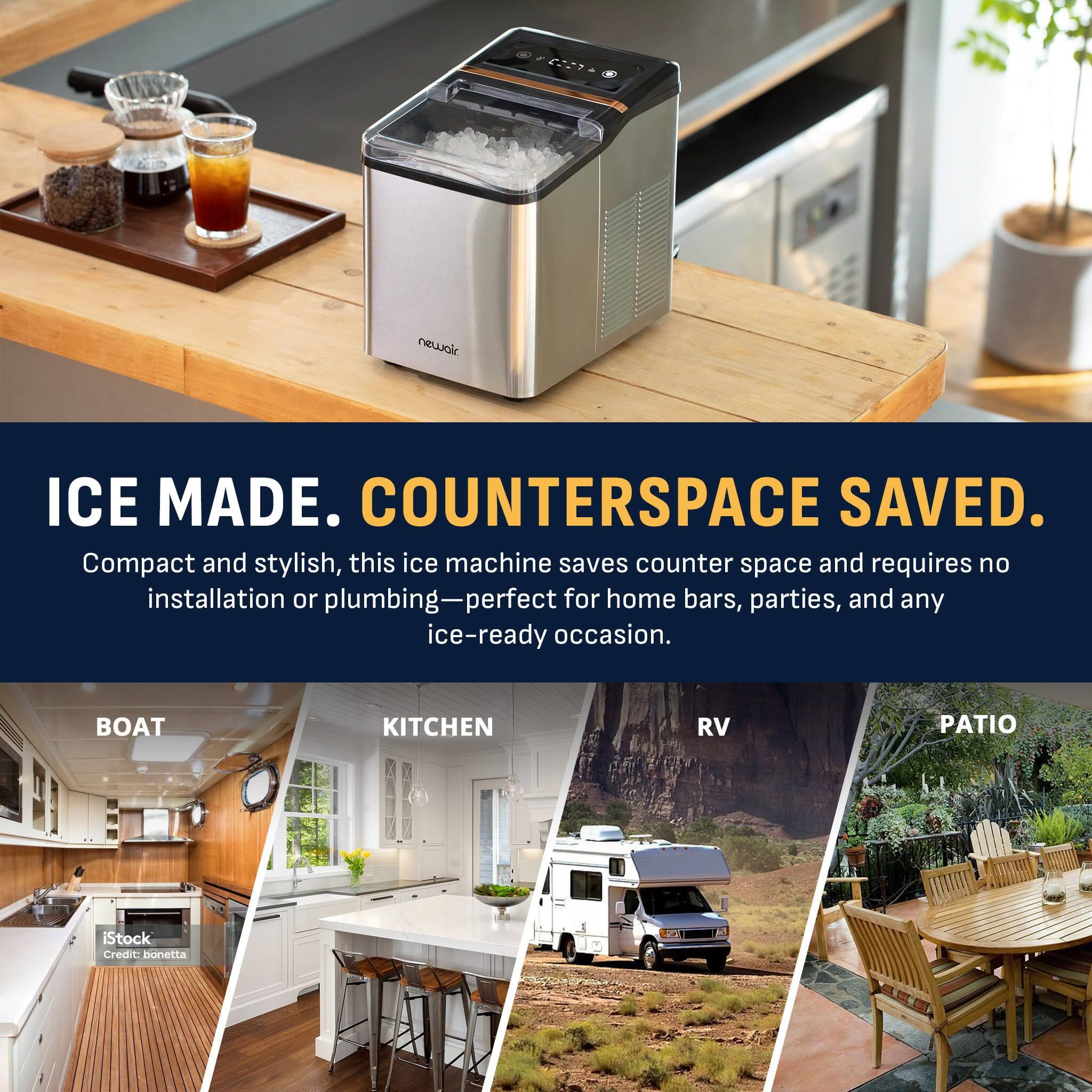ICE MADE. COUNTERSPACE SAVED. Compact and stylish, this ice machine saves counter space and requires no installation or plumbing—perfect for home bars, parties, and any ice-ready occasion. BOAT KITCHEN RV PATIO iStock Credit bonetta