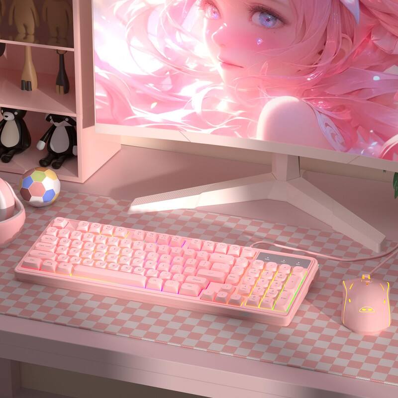 Alt View 1. Luckbyte - Wired RGB Gaming Keyboard and Mouse Set - Gradient Pink 98-Key Compact Design with Adjustable DPI Mouse - Pink.