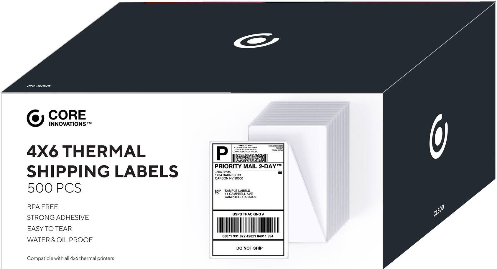 CLS00 CORE INNOVATIONS™ 4X6 THERMAL SHIPPING LABELS 500 PCS BPA FREE STRONG ADHESIVE EASY TO TEAR WATER & OIL PROOF

- A - 1u8 FRRSITT - NA/ - - SUAN POR - no PLas - P PRIORITY MAIL 2-DAY™

John Smith  
99 1234 BARNES RD  
CARSON NV 30000

SHIP SAMPLE LABELS TO:  
11 CAMPBELL AVE  
CAMPBELL CA 95009

USPS TRACKING a 08071 991 072 42021 04011 994

DO NOT SHIP

CL500 Compatible with all 4x6 thermal printers