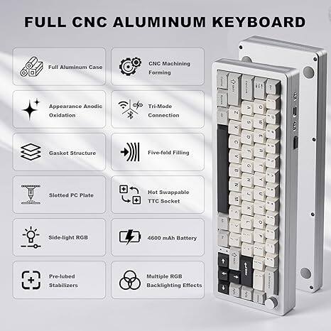 FULL CNC ALUMINUM KEYBOARD

- Full Aluminum Case
- CNC Machining
- Forming
- Anodic Oxidation
- Tri-Mode Connection
- Gasket Structure
- Five-fold Filling
- Slotted PC Plate
- Hot Swappable TTC Socket
- Side-light RGB
- 4600 mAh Battery
- Pre-lubed Stabilizers
- Multiple RGB Backlighting Effects