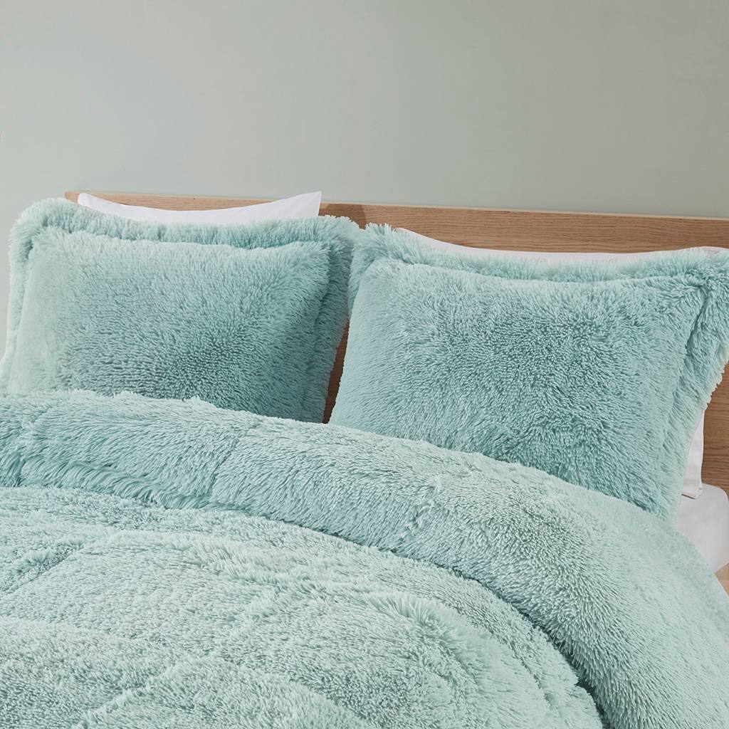 Left. Hivvago - King/CAL King Soft Sherpa Faux Fur 3-Piece Comforter Set in Light Teal Blue - Light Teal Blue.