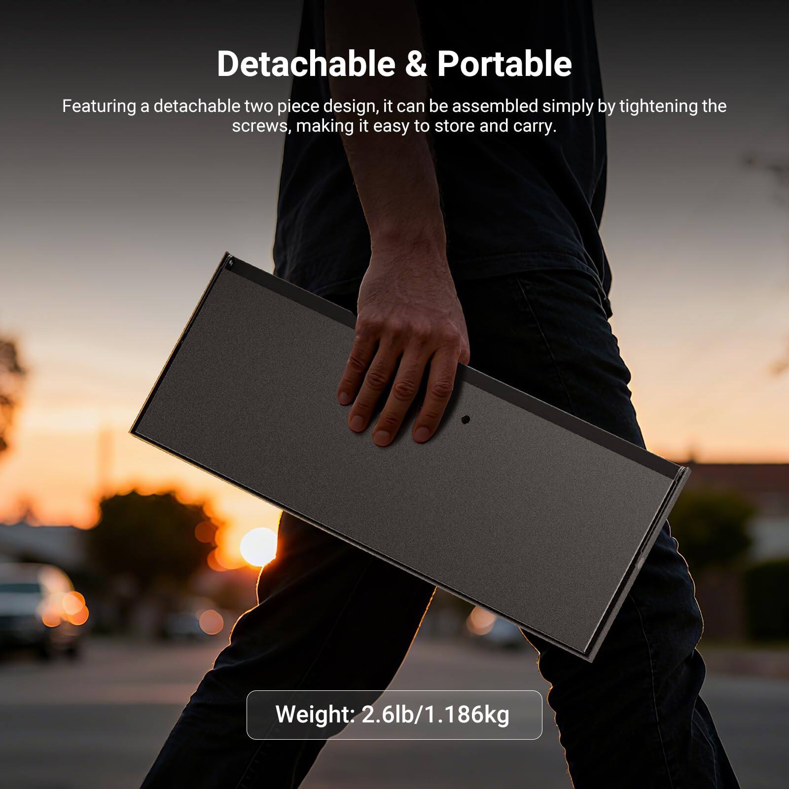 Detachable & Portable

Featuring a detachable two piece design, it can be assembled simply by tightening the screws, making it easy to store and carry.

Weight: 2.6lb/1.186kg