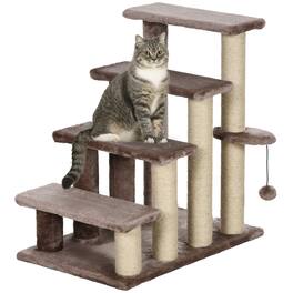 Pawhut - 4 Levels Cat Steps, Carpeted Ladder, Kitten Climber, Scratching Posts, Hanging Ball, Side Step, for Bed, Sofa - Brown