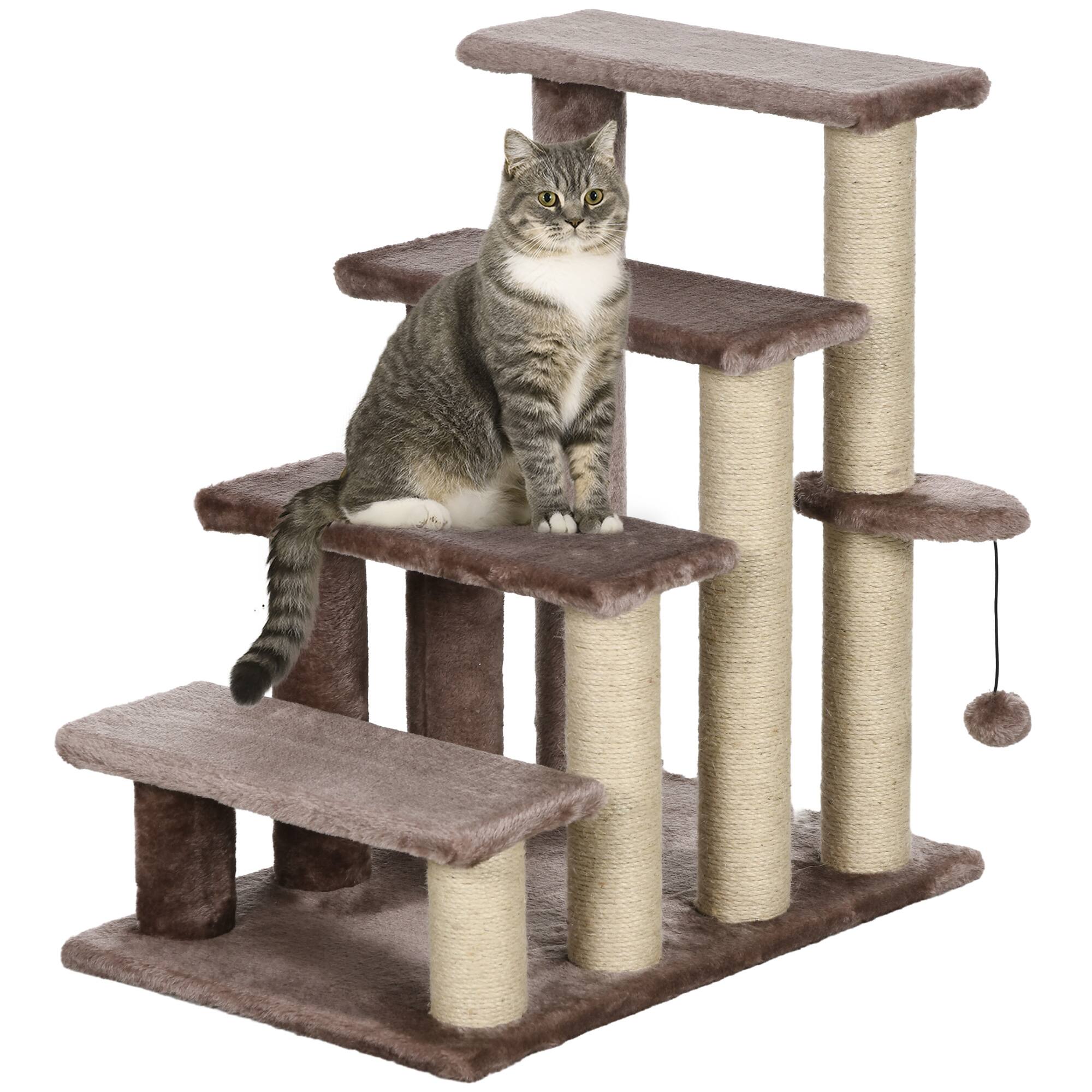 Front. Pawhut - 4 Levels Cat Steps, Carpeted Ladder, Kitten Climber, Scratching Posts, Hanging Ball, Side Step, for Bed, Sofa - Brown.