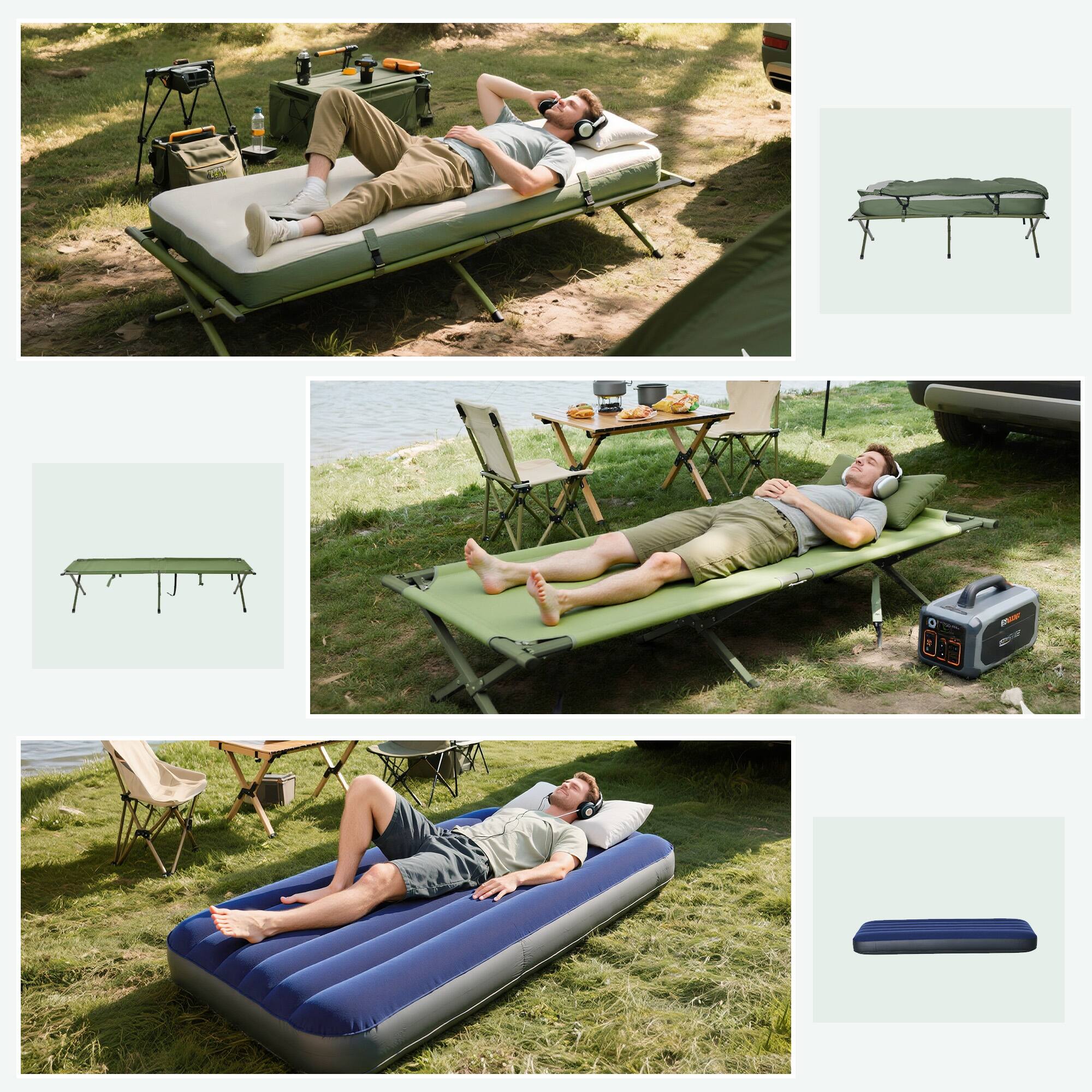 Alt View 4. Outsunny - Multifunctional Folding Camping Cots for Adults, Elevated Tent with Sleeping Bag, Thick Air Mattress Pad - Green.