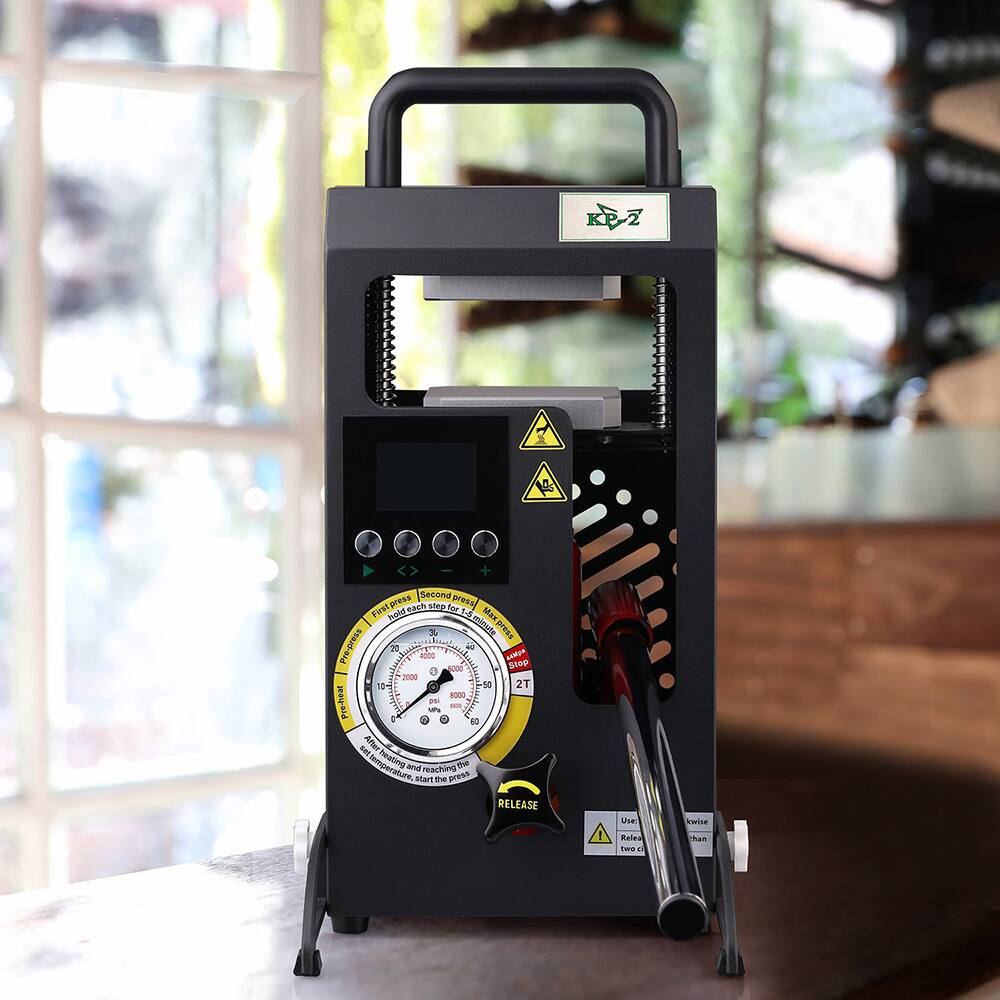 Sure, here is the corrected and grouped text from the image:

---

**Top Section:**
- KPE 2

**Middle Section:**
- (Warning Symbol) High Pressure
- (Warning Symbol) Hot Surface

**Pressure Gauge Section:**
- (Gauge with markings from 0 to 1000 psi)
- (Text around the gauge)
  - "Hold down release lever to start press"
  - "Adjust pressure to desired level"
  - "Release lever to stop press"
  - "Use release lever to stop press"
  - "Use release lever to stop press"
  - "Use release lever to stop press"
  - "Use release lever to stop press"
  - "Use release lever to stop press"
  - "Use release lever to stop press"
  - "Use release lever to stop press"
  - "Use release lever to stop press"
  - "Use release lever to stop press"
  - "Use release lever to stop press"
  - "Use release lever to stop press"
  - "Use release lever to stop press"
  - "Use release lever to stop press"
  - "Use release lever to stop press"
  - "Use release lever to stop press"
 