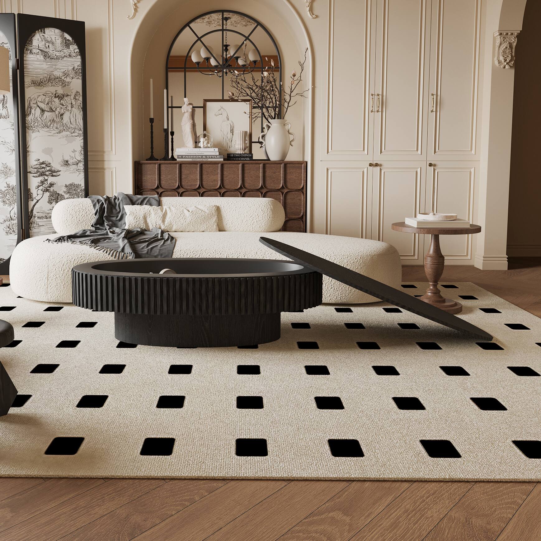 Left. Loheer - Loheer Forty Seven Inch Oval Coffee Table with Storage Black Wood Veneer Modern Center Table - Black.