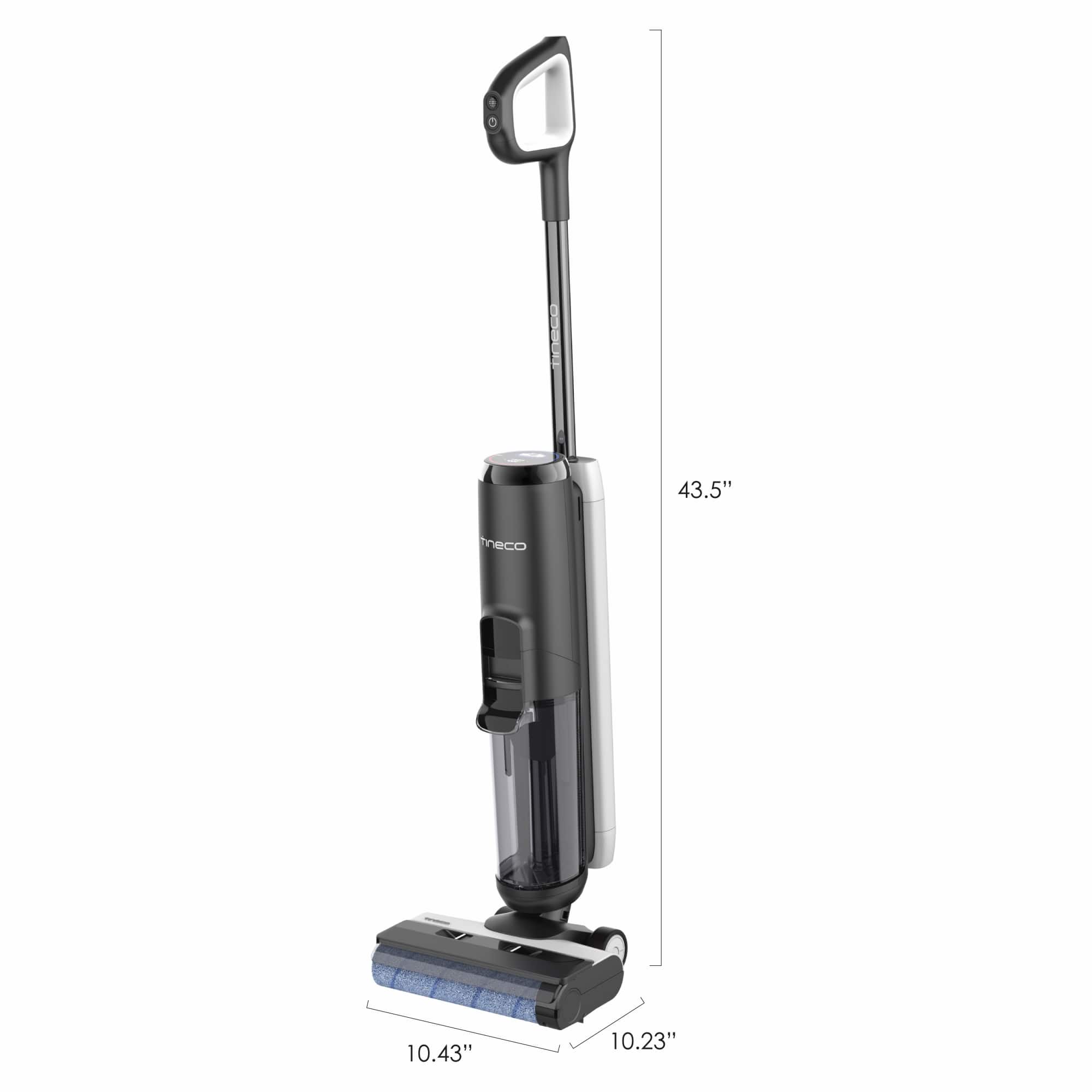 The text on the image reads "43.5" tneco 10.43" 10.23". This is a measurement of the length of the vacuum cleaner's handle, which is 43.5 inches long.