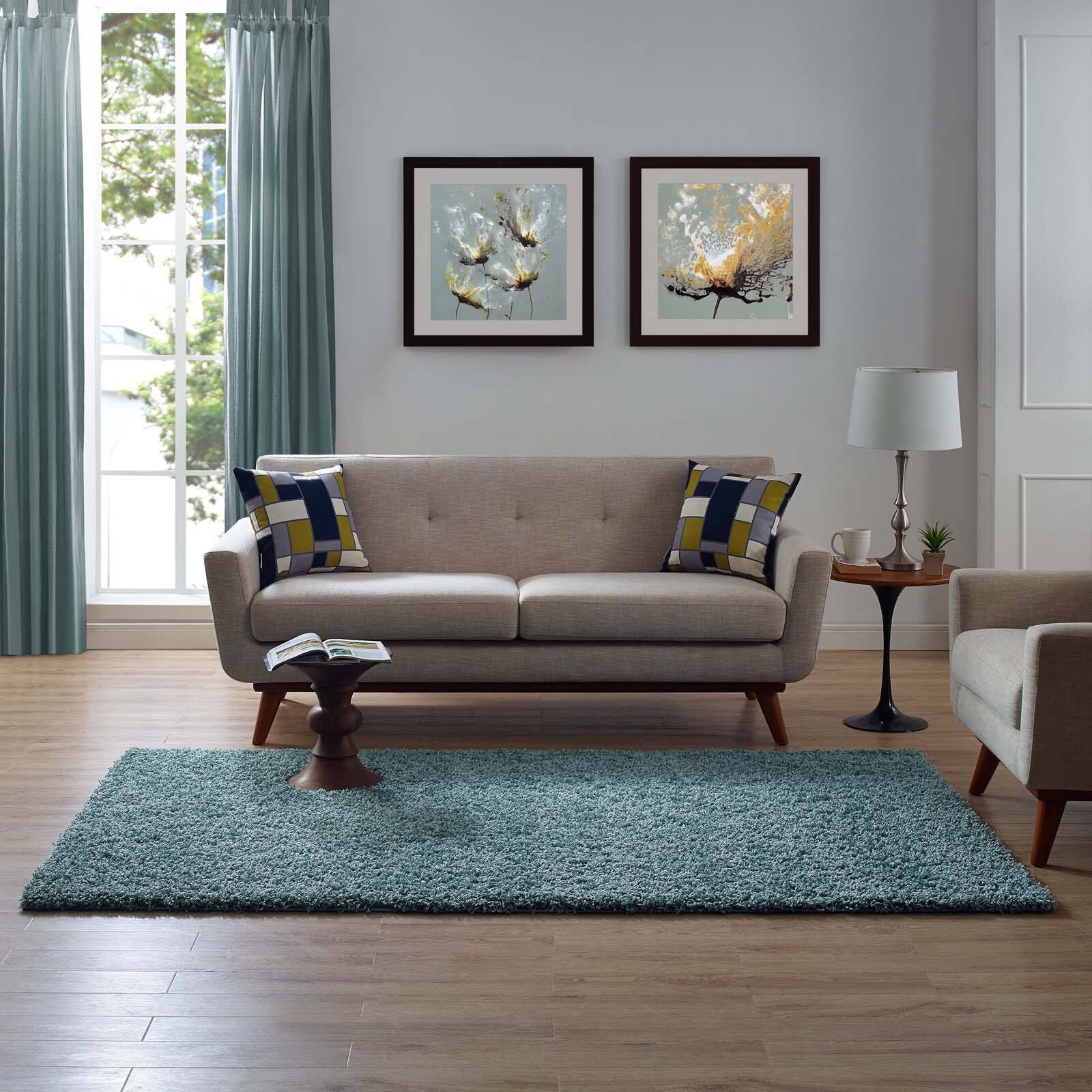 Left. Modway - Enyssa Solid Shag Area Rug - Aqua Blue and Ivory.