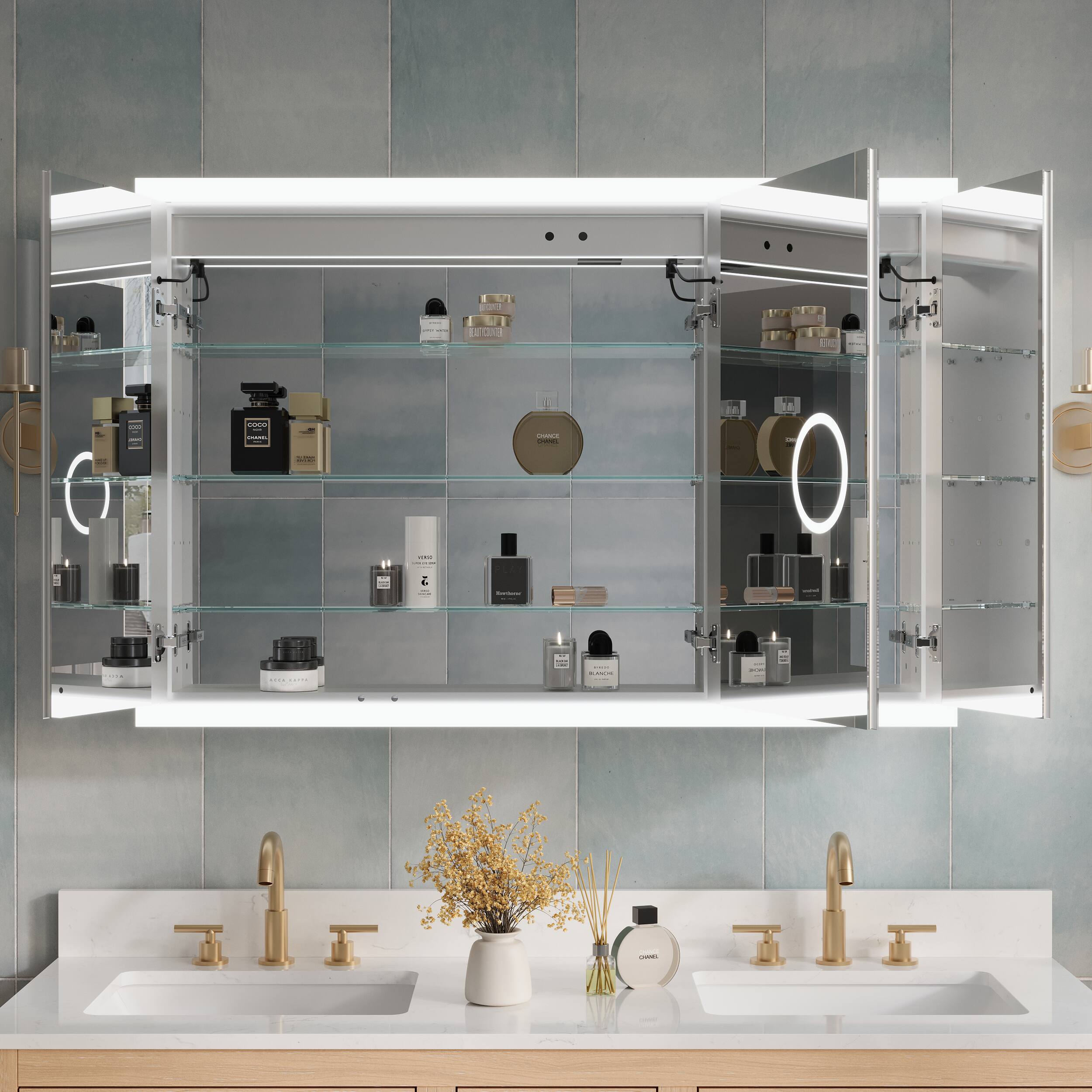 Back. WELLFOR - 48 in. W x 32 in. H Rectangular Surface or Recessed Mount Aluminum Medicine Cabinet with Mirror - Silver.