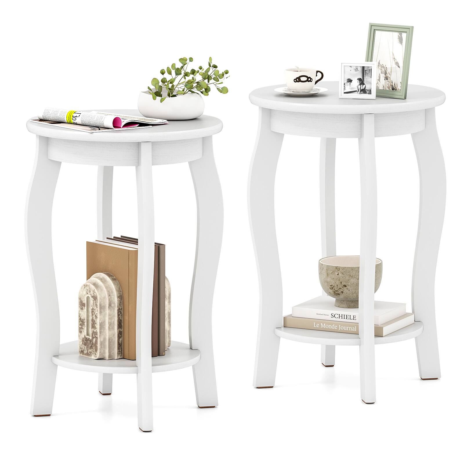 Gymax - 2-Tier Round End Table Set of 2 Narrow Sofa Side Nightstand w/ Storage Shelf - White
