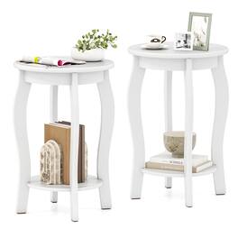 Gymax - 2-Tier Round End Table Set of 2 Narrow Sofa Side Nightstand w/ Storage Shelf - White