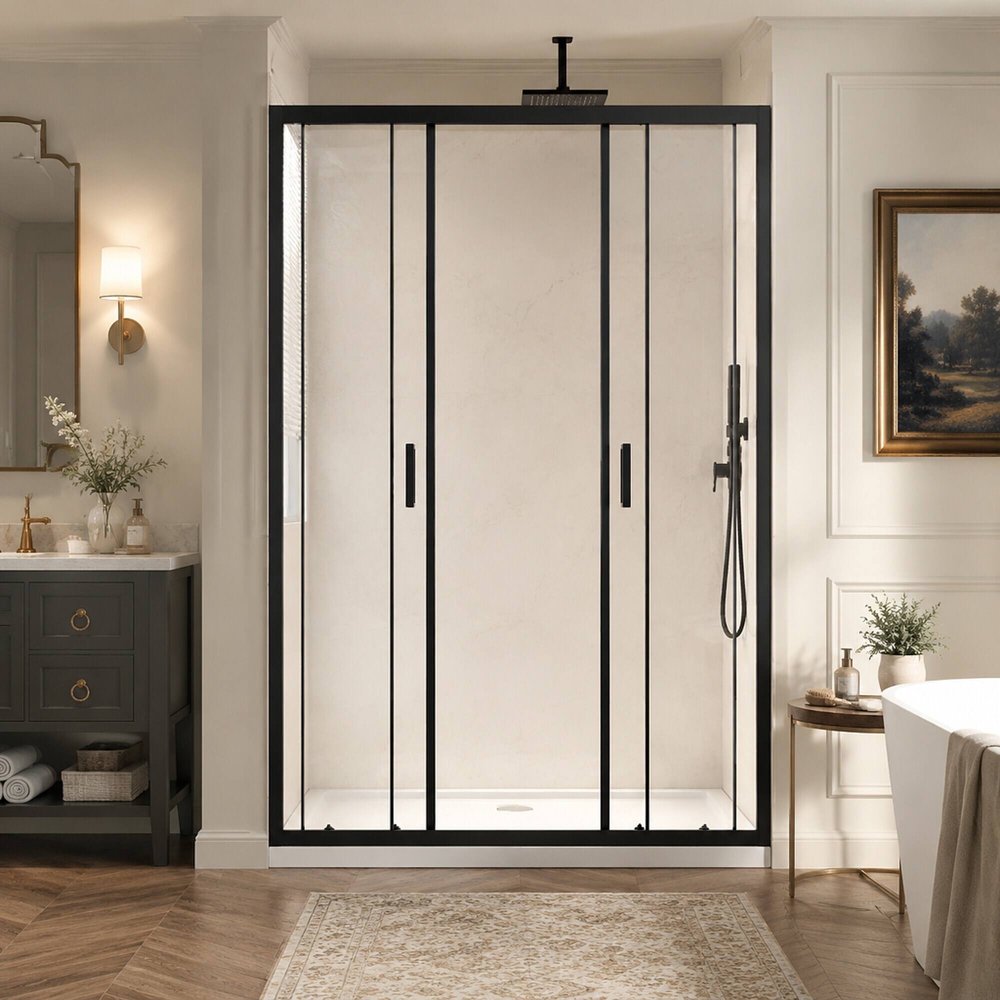 Angle. RYHNUYNE - 48 In X 72 In Framed Double Sliding Shower Door, 1/4 In Clear Tempered Glass With Stainless Steel Handles Black Finish - Matt Black.