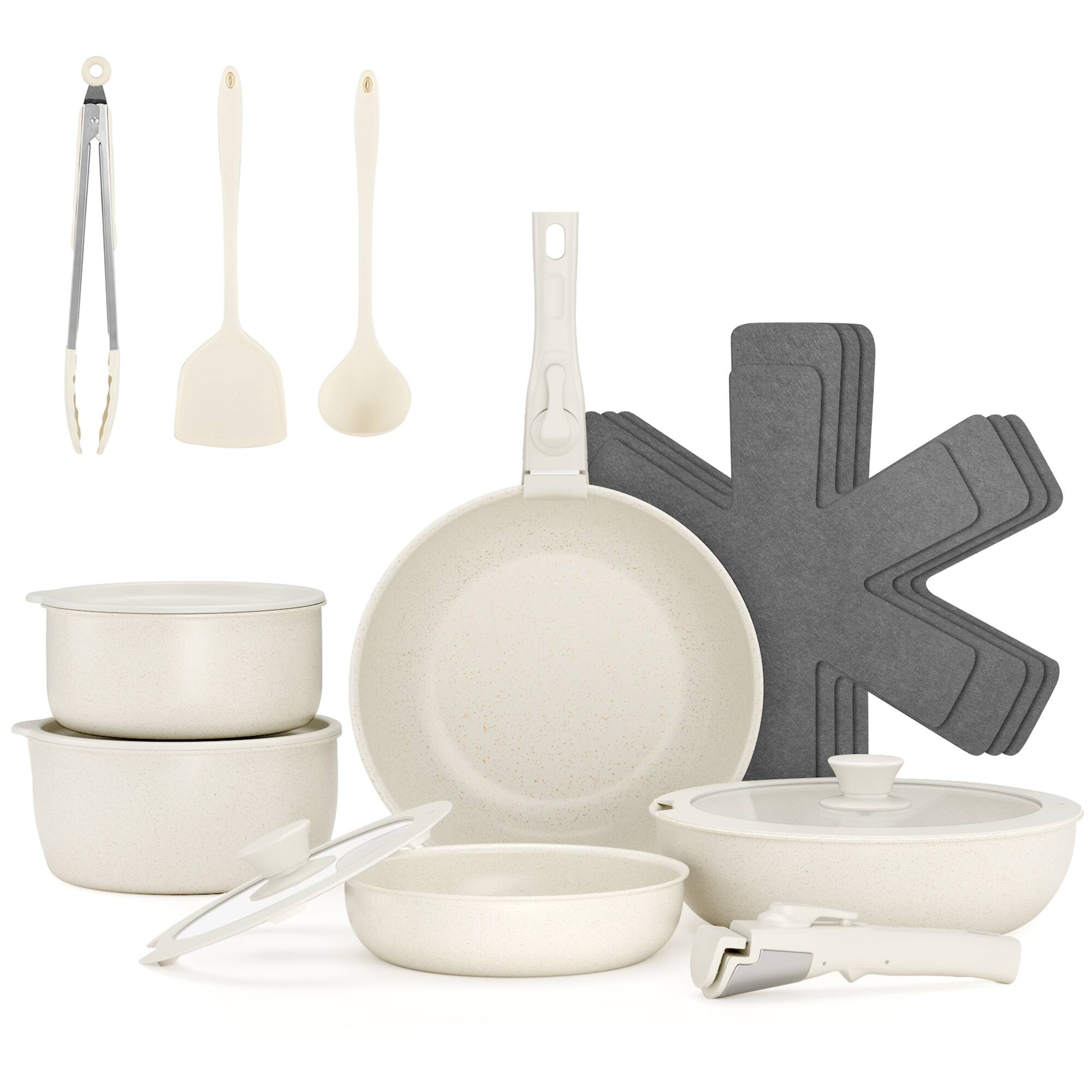Front. Sugift - 18-Piece Non-Stick Cookware Set with Silicone Tools, Detachable Handles - Beige.