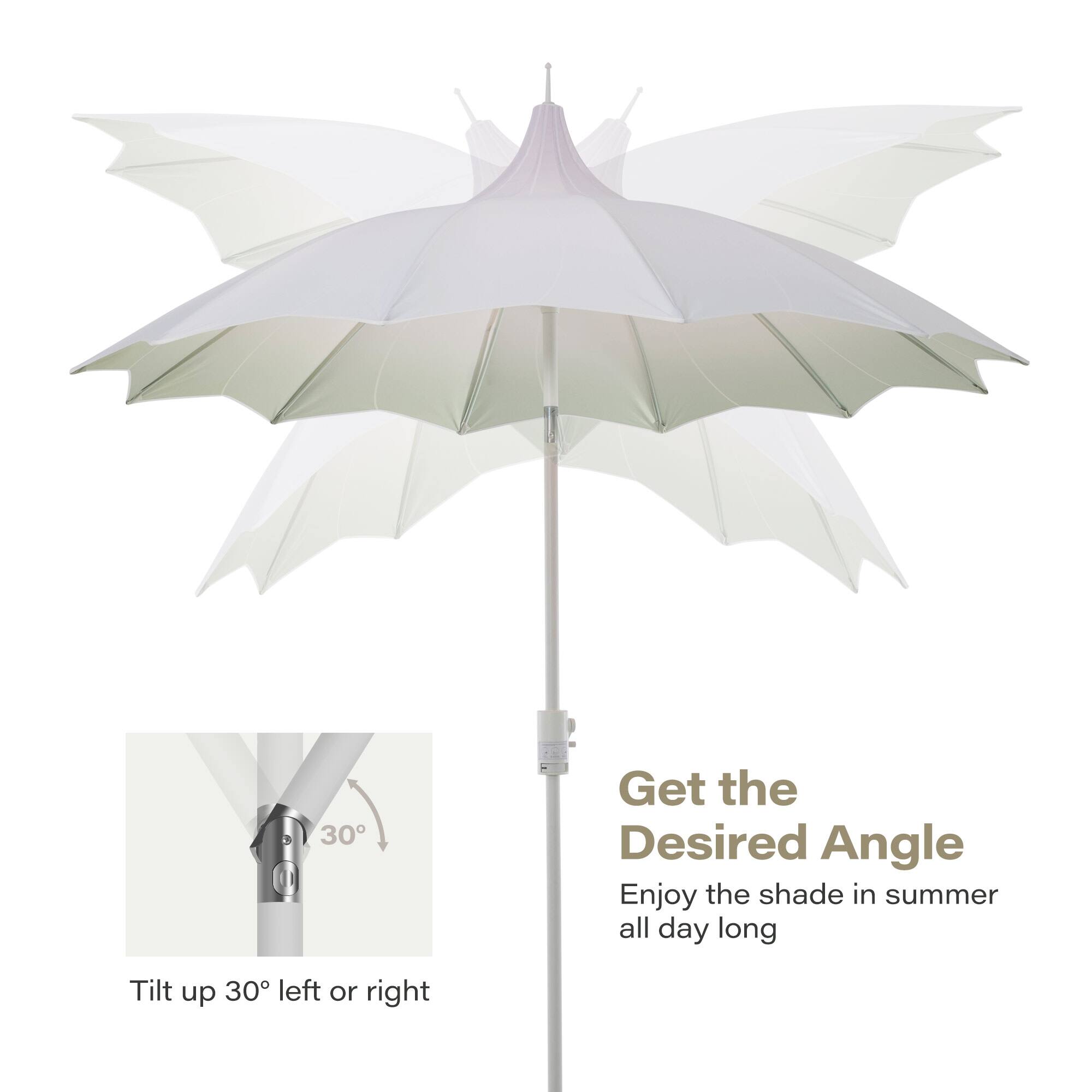 Get the Desired Angle  
Enjoy the shade in summer all day long  
Tilt up 30° left or right