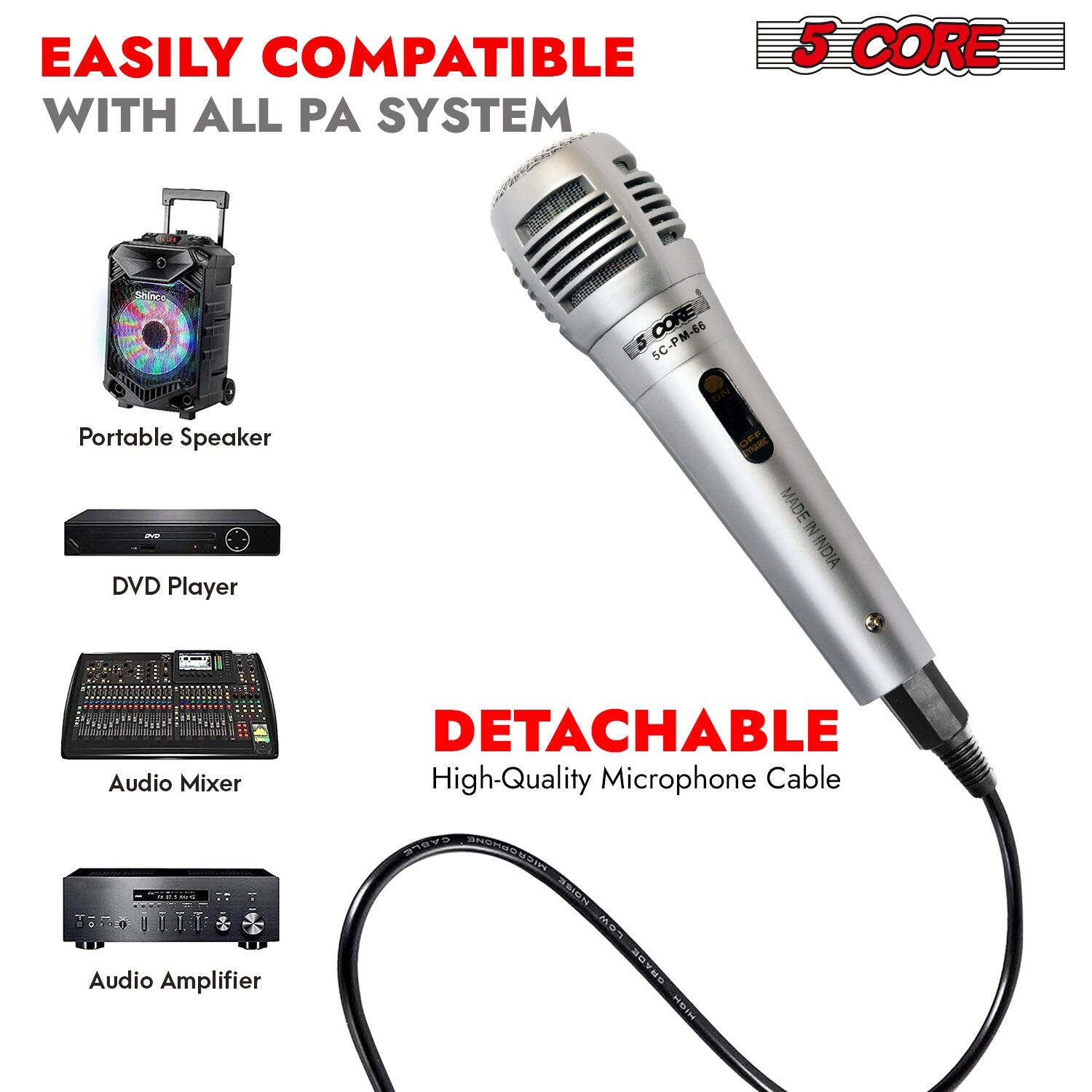 EASILY COMPATIBLE WITH ALL PA SYSTEM

5 CORE

Portable Speaker

DVD Player

Audio Mixer

Audio Amplifier

DETACHABLE High-Quality Microphone Cable

MADE IN INDIA